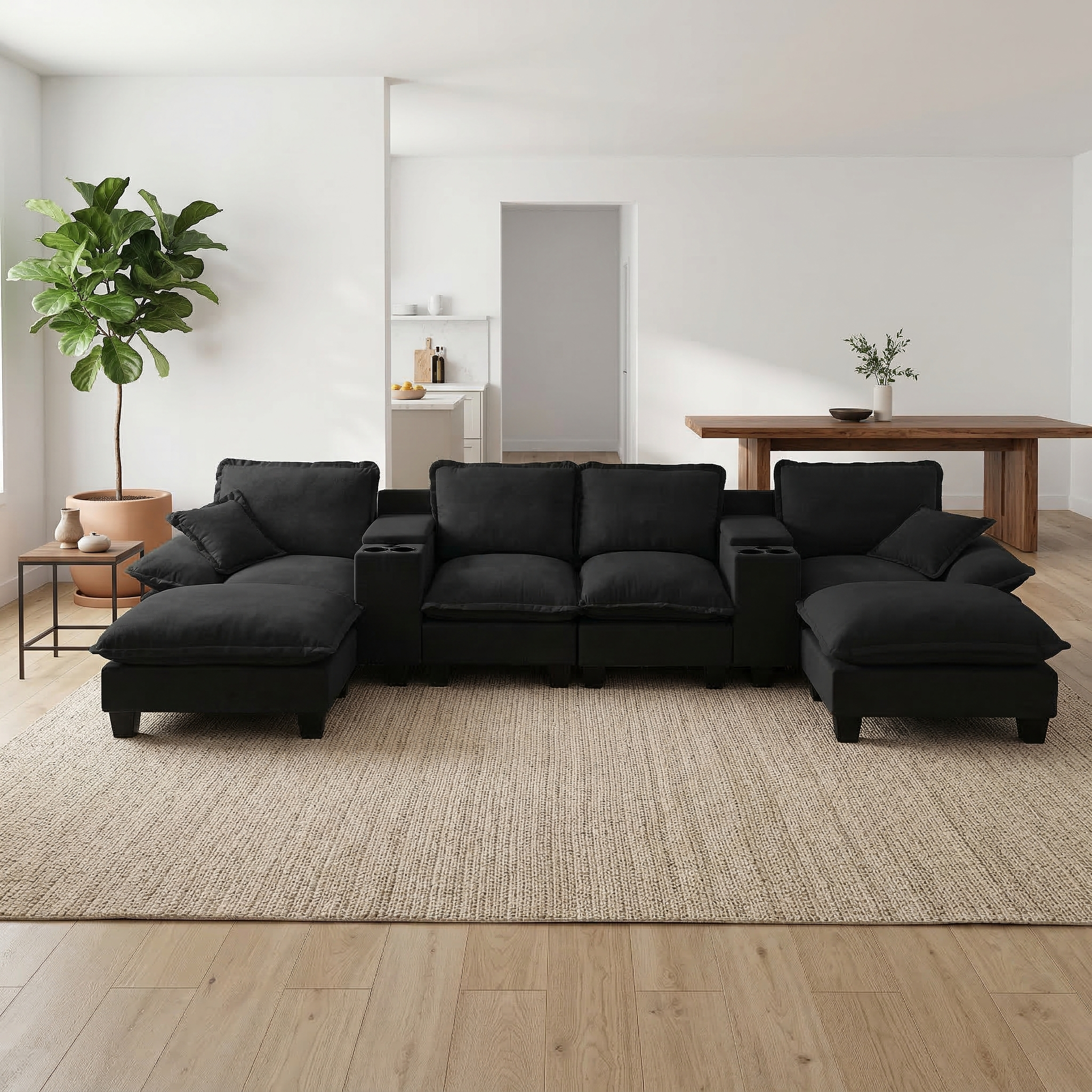 Modular Cloud Couch, U-Shape Sailboat Sofa with 2 Storage Central Consoles & Cup Holders, USB Port, 2 Ottomans & 2 Pillows, Chenille for Apartment & Living Room, Black - Image 3