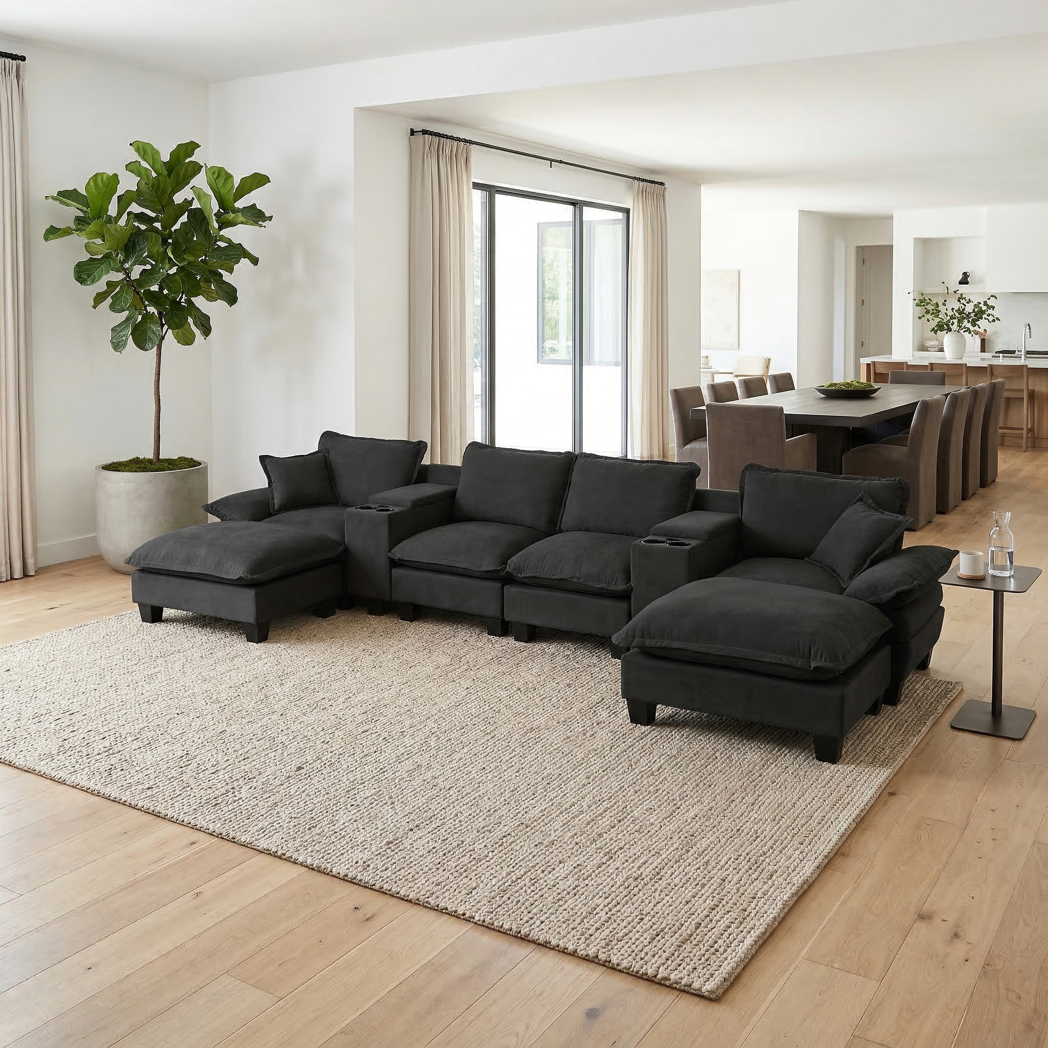 Modular Cloud Couch, U-Shape Sailboat Sofa with 2 Storage Central Consoles & Cup Holders, USB Port, 2 Ottomans & 2 Pillows, Chenille for Apartment & Living Room, Black - Image 4