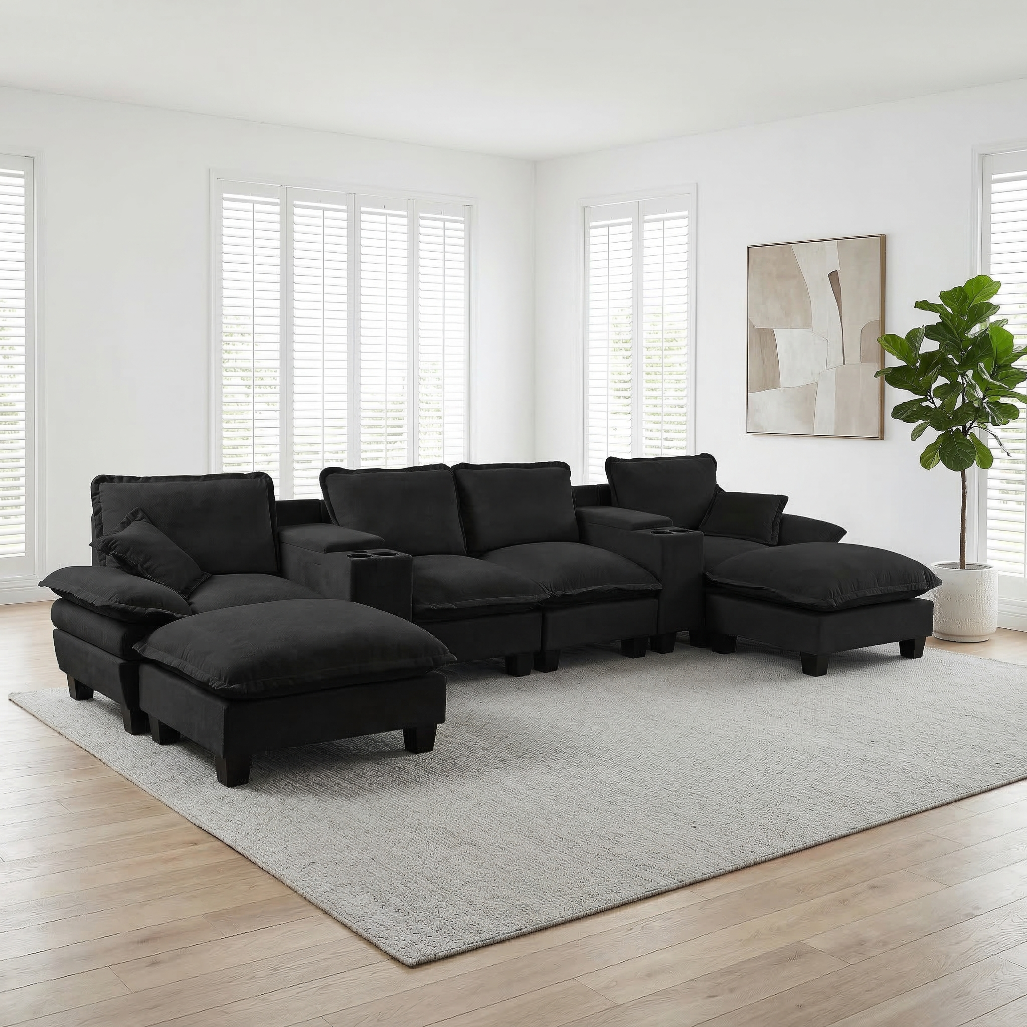 Modular Cloud Couch, U-Shape Sailboat Sofa with 2 Storage Central Consoles & Cup Holders, USB Port, 2 Ottomans & 2 Pillows, Chenille for Apartment & Living Room, Black - Image 5