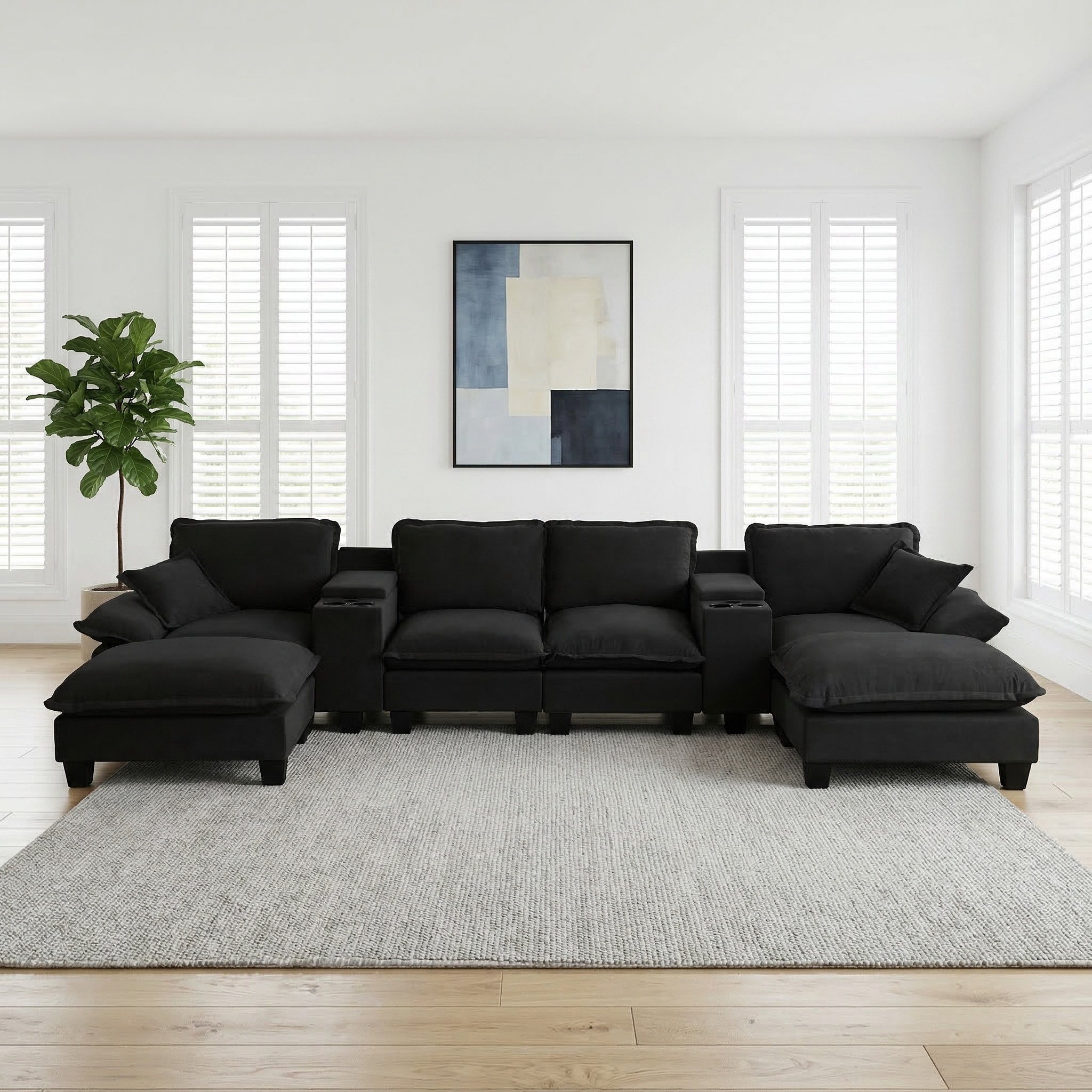 Modular Cloud Couch, U-Shape Sailboat Sofa with 2 Storage Central Consoles & Cup Holders, USB Port, 2 Ottomans & 2 Pillows, Chenille for Apartment & Living Room, Black - Image 6
