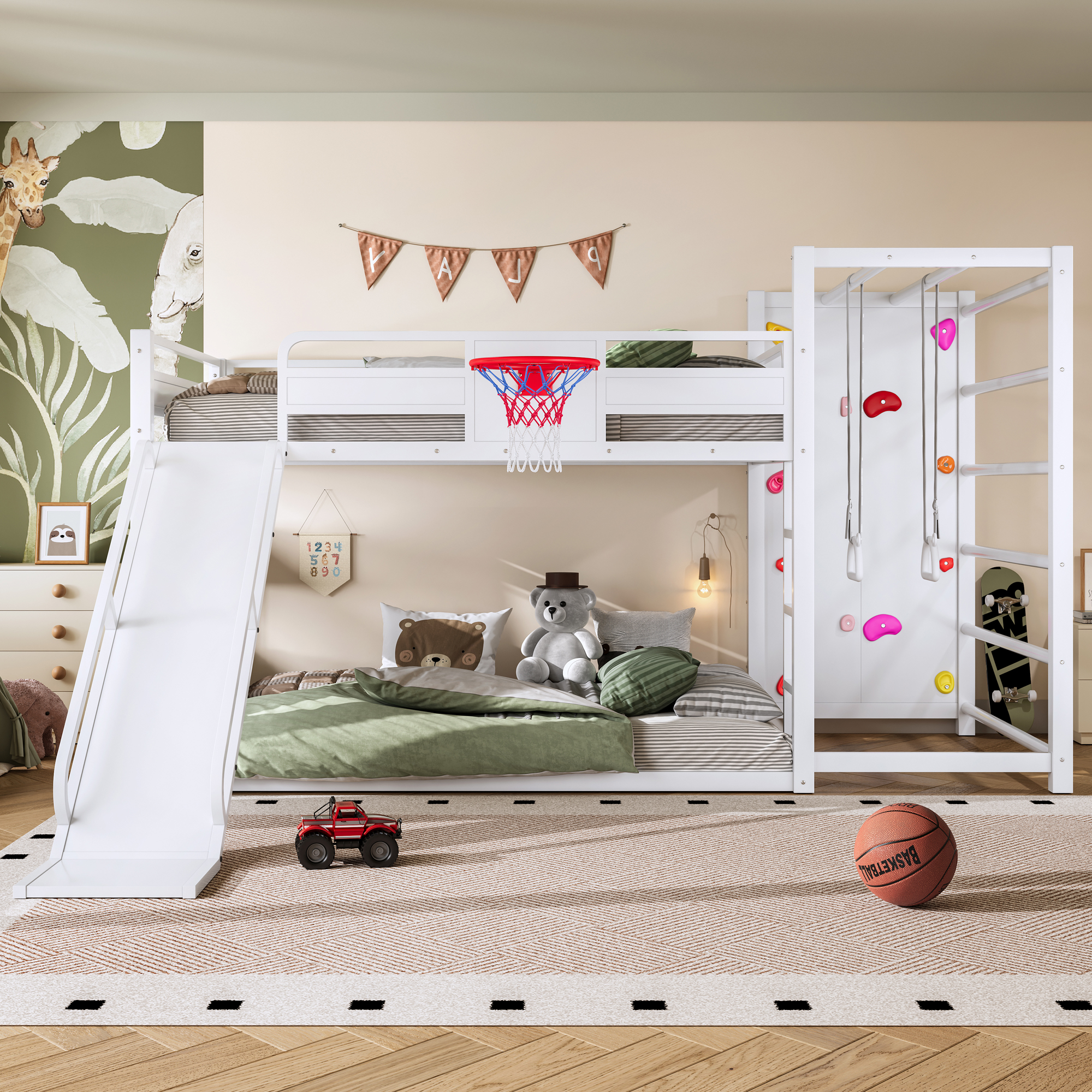 Full size metal loft bed with basketball hoop, pull-up rings, climbing wall, and built-in bookshelves. Playful children's design featuring a slide,White - Image 1
