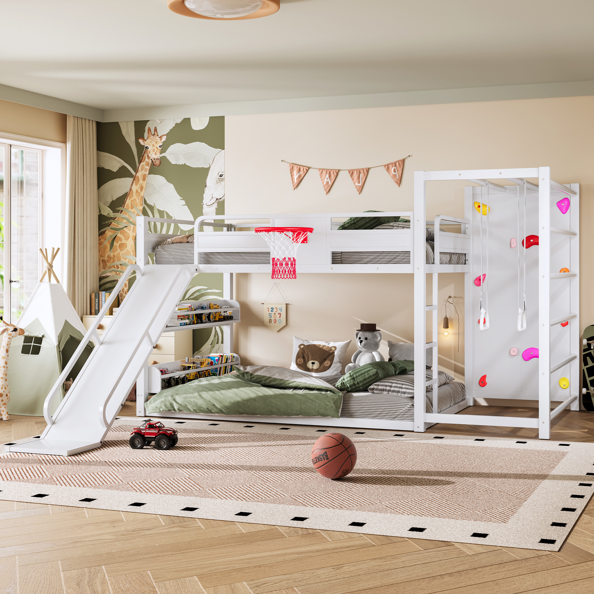 Full size metal loft bed with basketball hoop, pull-up rings, climbing wall, and built-in bookshelves. Playful children's design featuring a slide,White - Image 2
