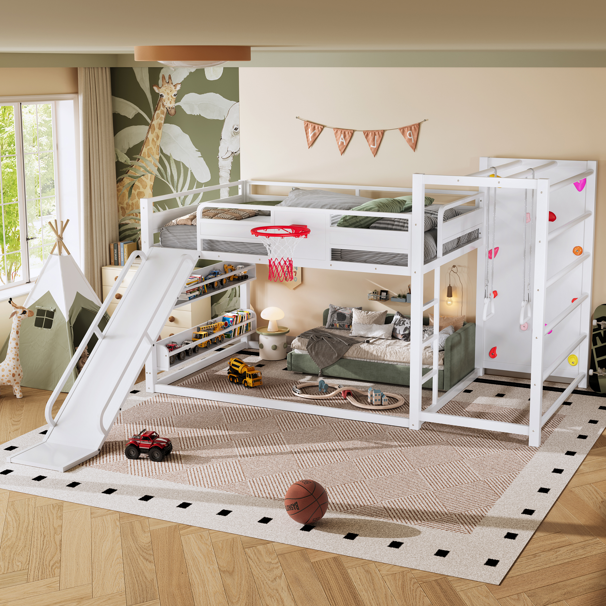 Full size metal loft bed with basketball hoop, pull-up rings, climbing wall, and built-in bookshelves. Playful children's design featuring a slide,White - Image 3