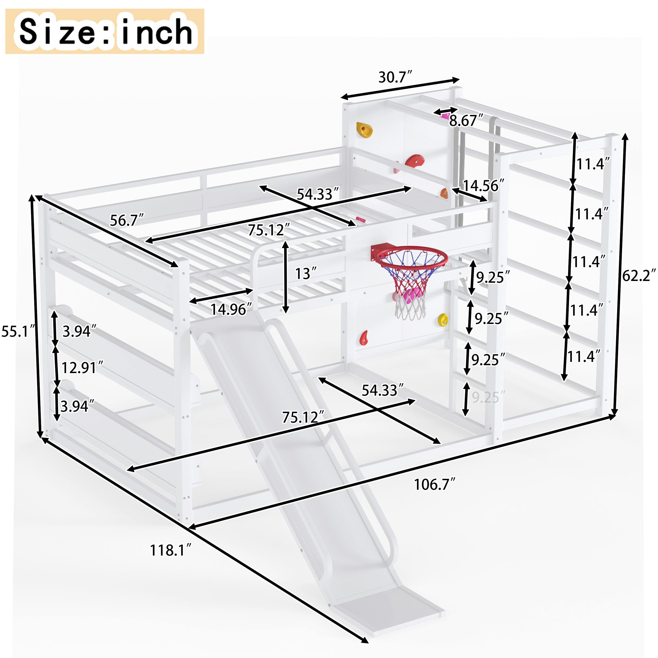 Full size metal loft bed with basketball hoop, pull-up rings, climbing wall, and built-in bookshelves. Playful children's design featuring a slide,White - Image 4