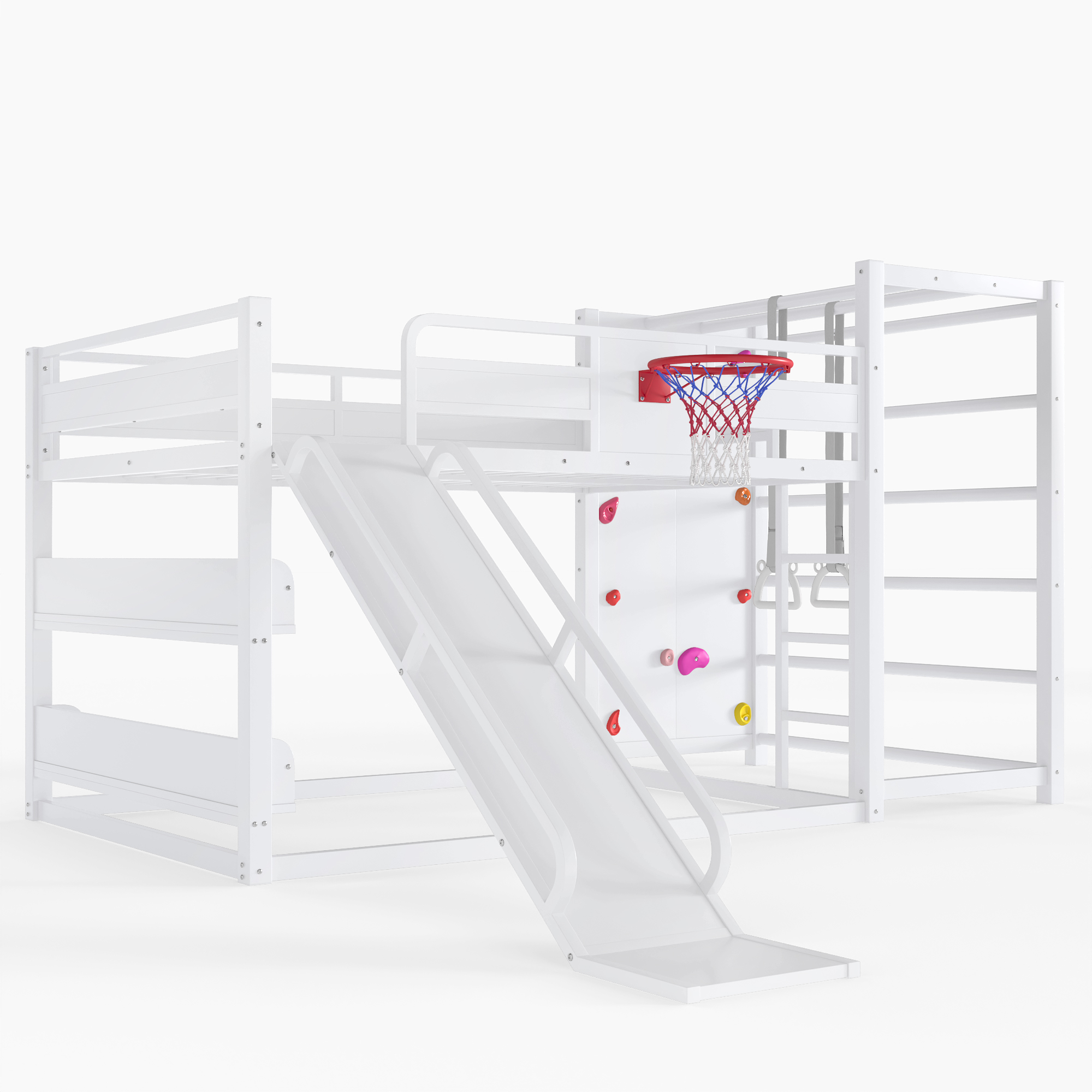 Full size metal loft bed with basketball hoop, pull-up rings, climbing wall, and built-in bookshelves. Playful children's design featuring a slide,White - Image 5