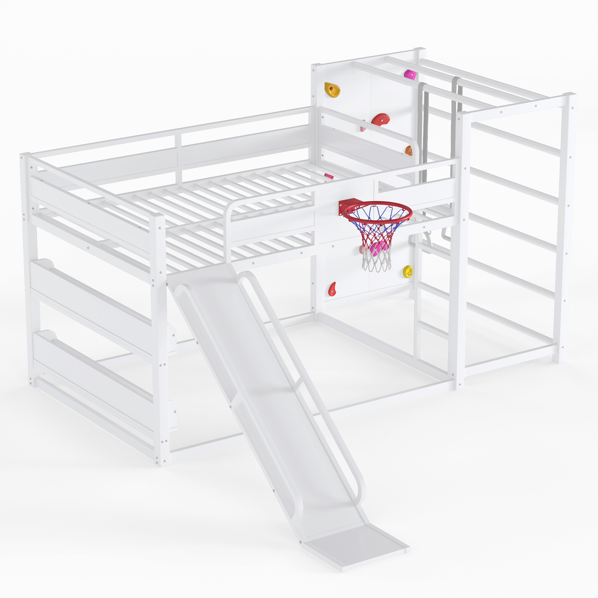 Full size metal loft bed with basketball hoop, pull-up rings, climbing wall, and built-in bookshelves. Playful children's design featuring a slide,White - Image 6