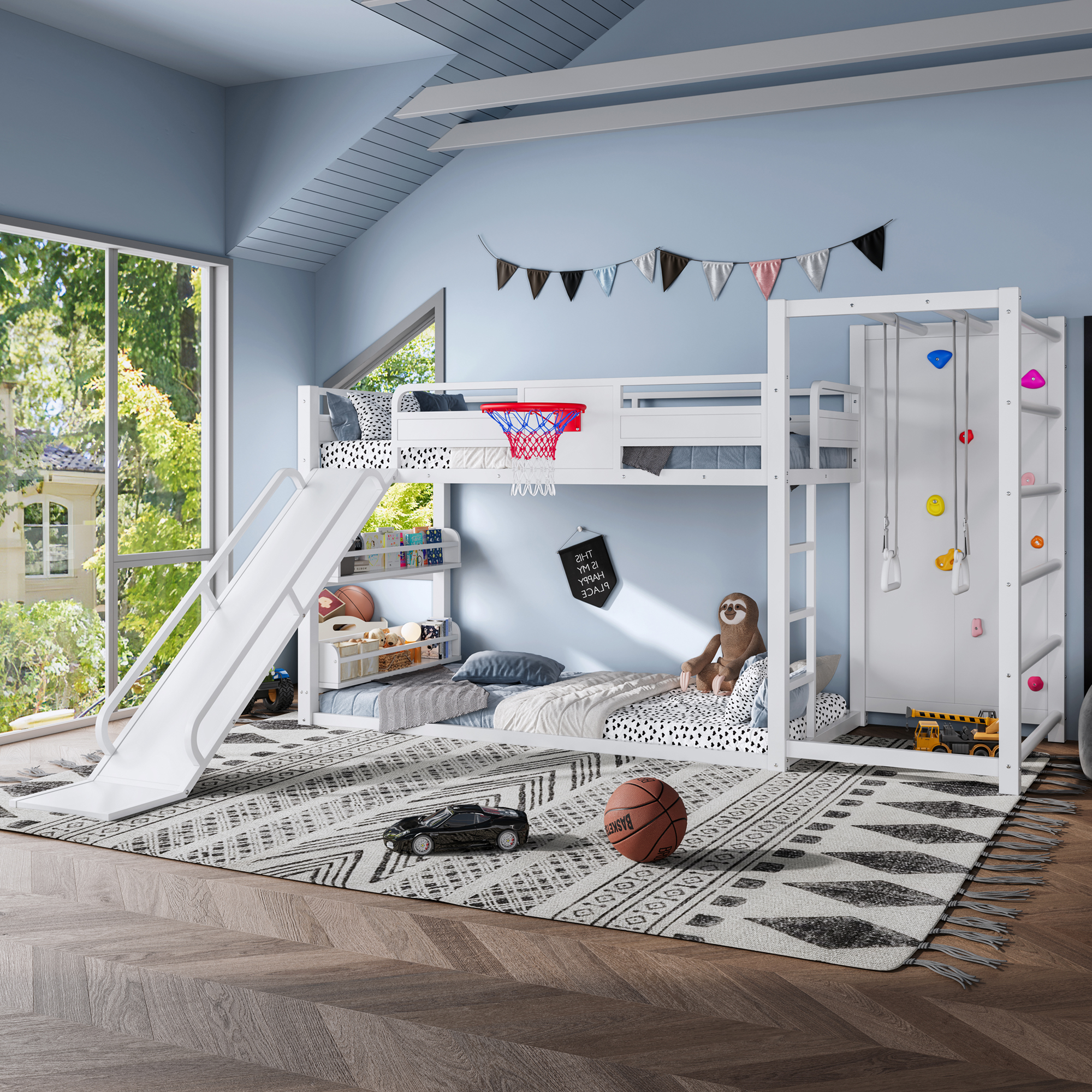 Twin size metal loft/bunk bed with basketball hoop, pull-up rings, climbing wall, and built-in bookshelves. Playful children's design featuring a slide,White - Image 2