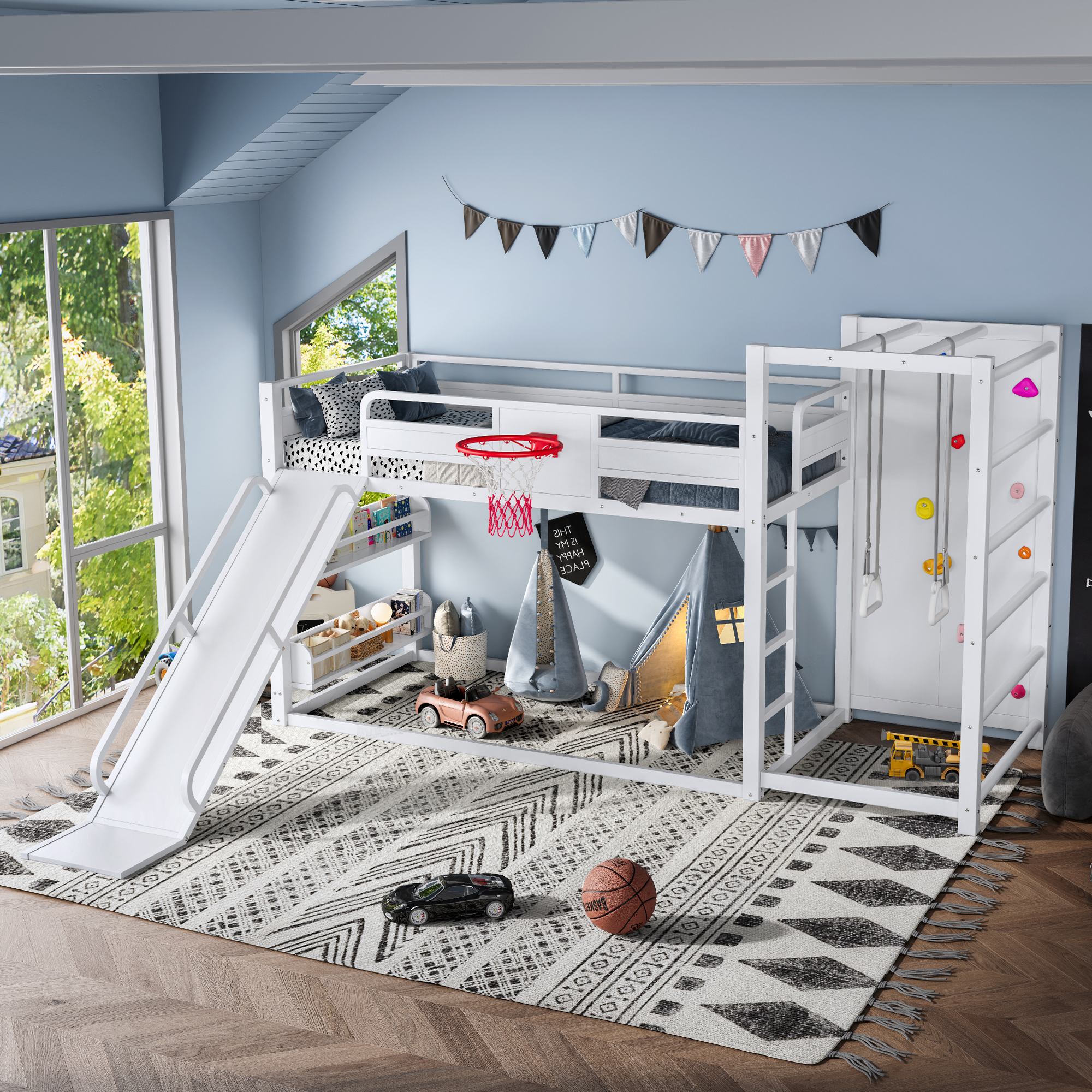 Twin size metal loft/bunk bed with basketball hoop, pull-up rings, climbing wall, and built-in bookshelves. Playful children's design featuring a slide,White - Image 3