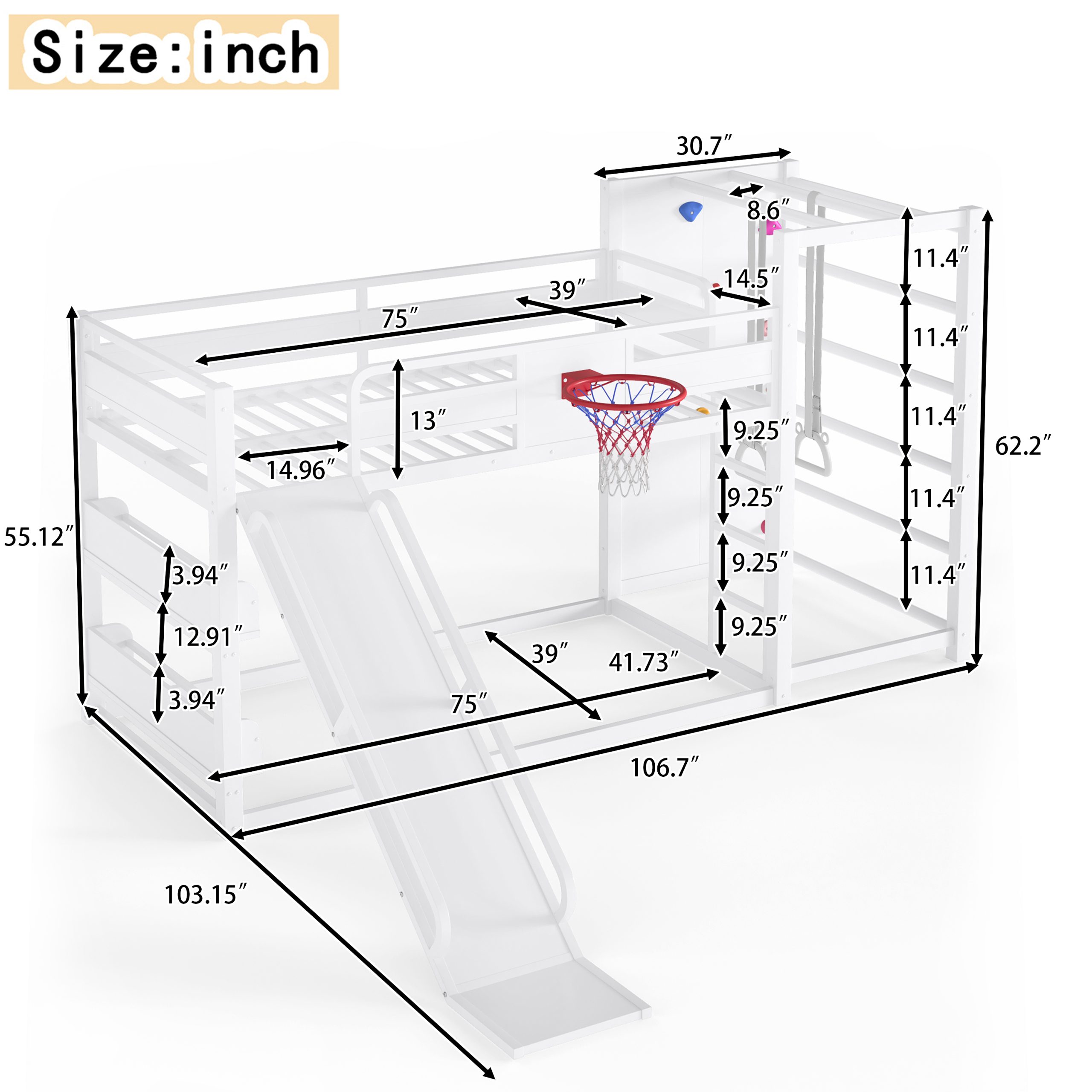 Twin size metal loft/bunk bed with basketball hoop, pull-up rings, climbing wall, and built-in bookshelves. Playful children's design featuring a slide,White - Image 4