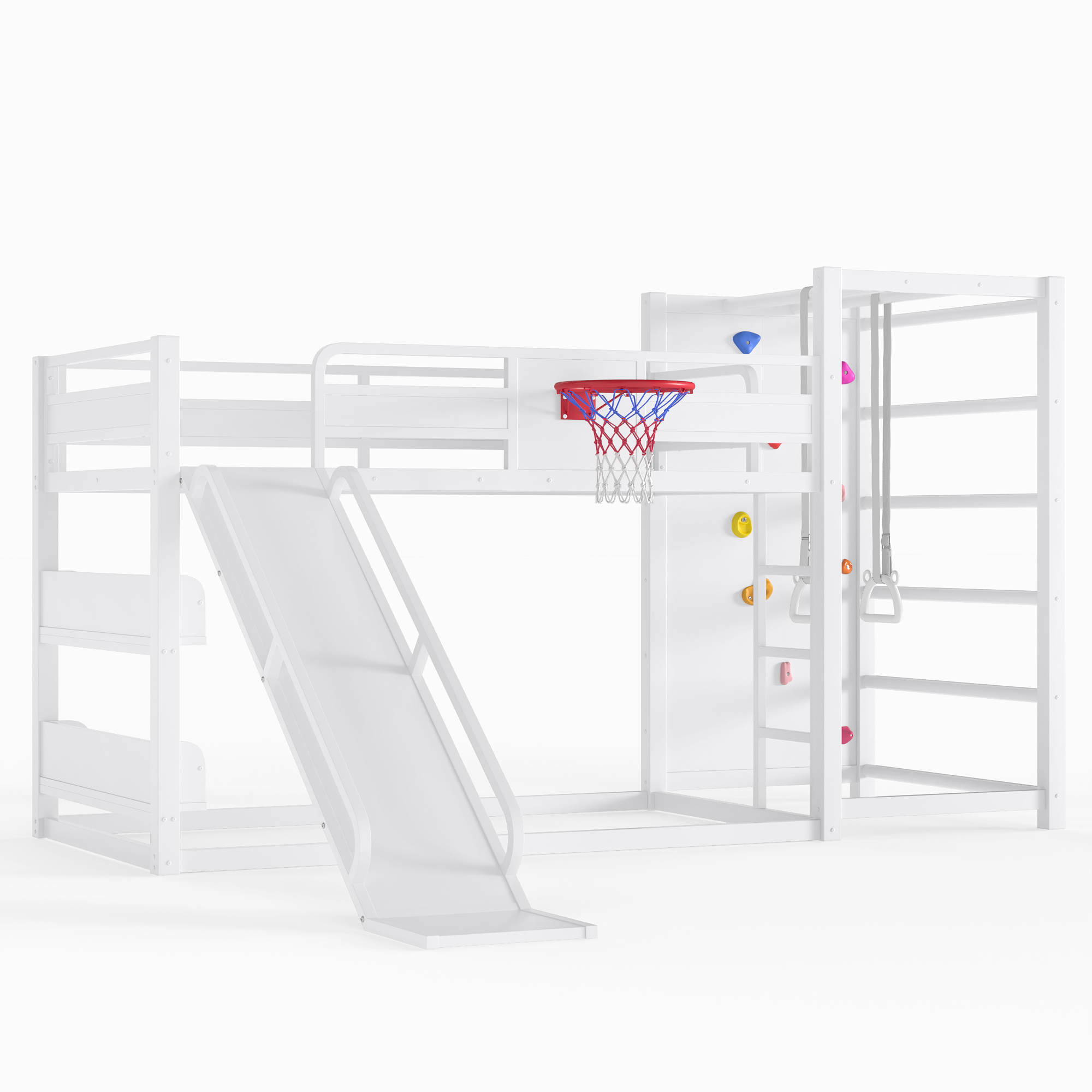 Twin size metal loft/bunk bed with basketball hoop, pull-up rings, climbing wall, and built-in bookshelves. Playful children's design featuring a slide,White - Image 5