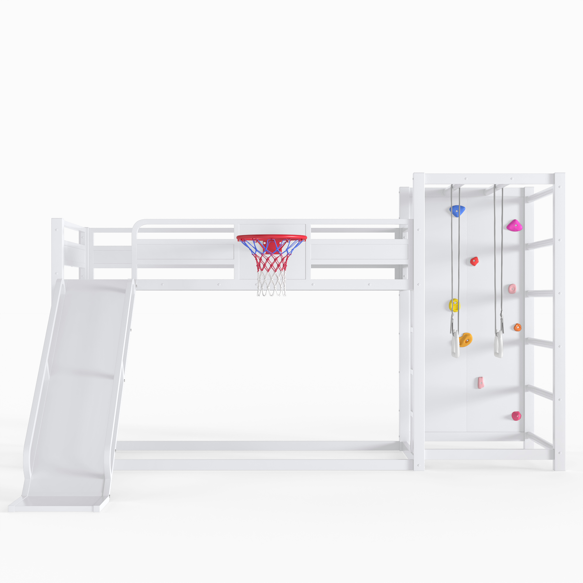 Twin size metal loft/bunk bed with basketball hoop, pull-up rings, climbing wall, and built-in bookshelves. Playful children's design featuring a slide,White - Image 6