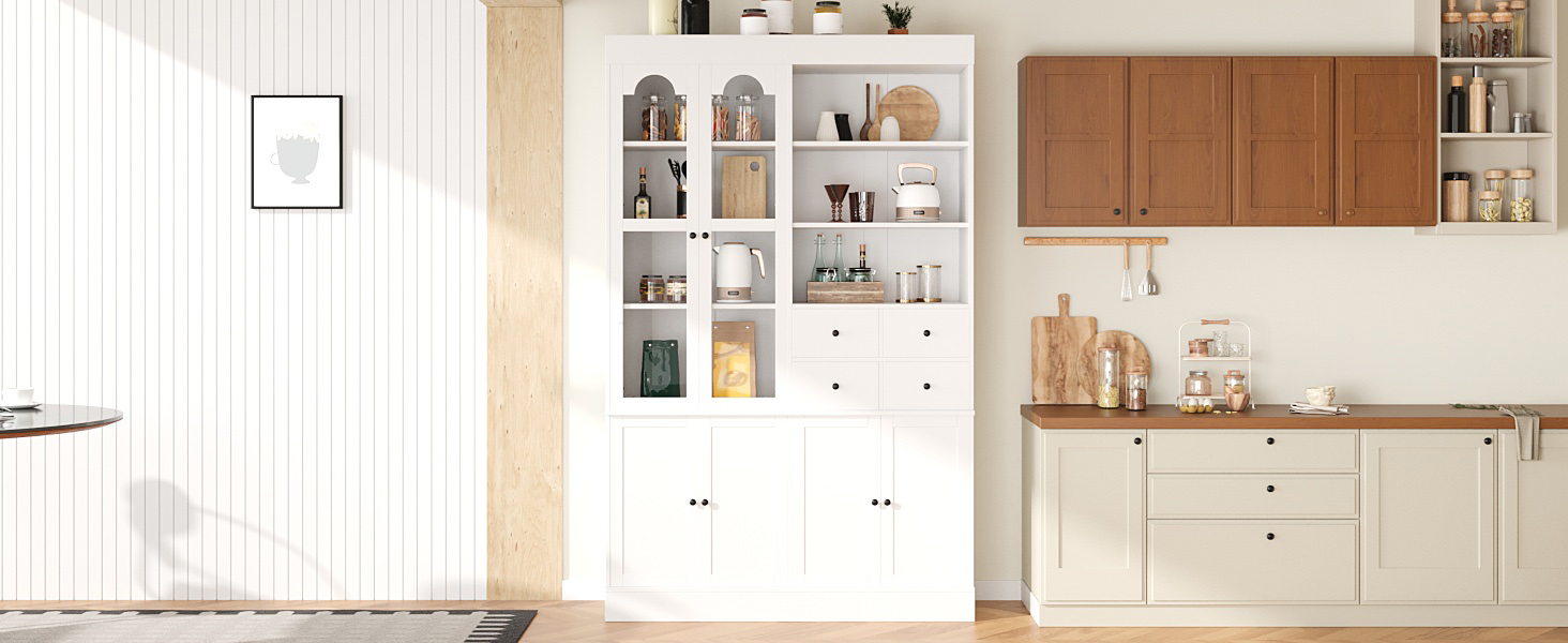 [Assembly Video Provided] TOPMAX 47.2x15.7x75inch Freestanding Buffet with Hutch, Tall Kitchen Pantry Cabinet with 4 Drawers, Door Shelves and Pull-out Trays for Dining room, Living Room, White - Image 2