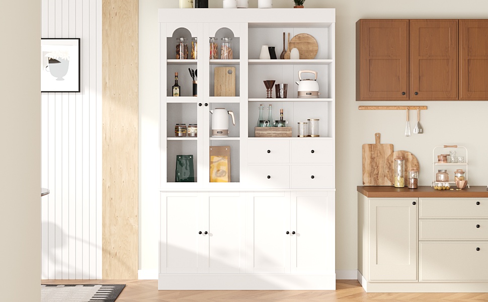 [Assembly Video Provided] TOPMAX 47.2x15.7x75inch Freestanding Buffet with Hutch, Tall Kitchen Pantry Cabinet with 4 Drawers, Door Shelves and Pull-out Trays for Dining room, Living Room, White - Image 3