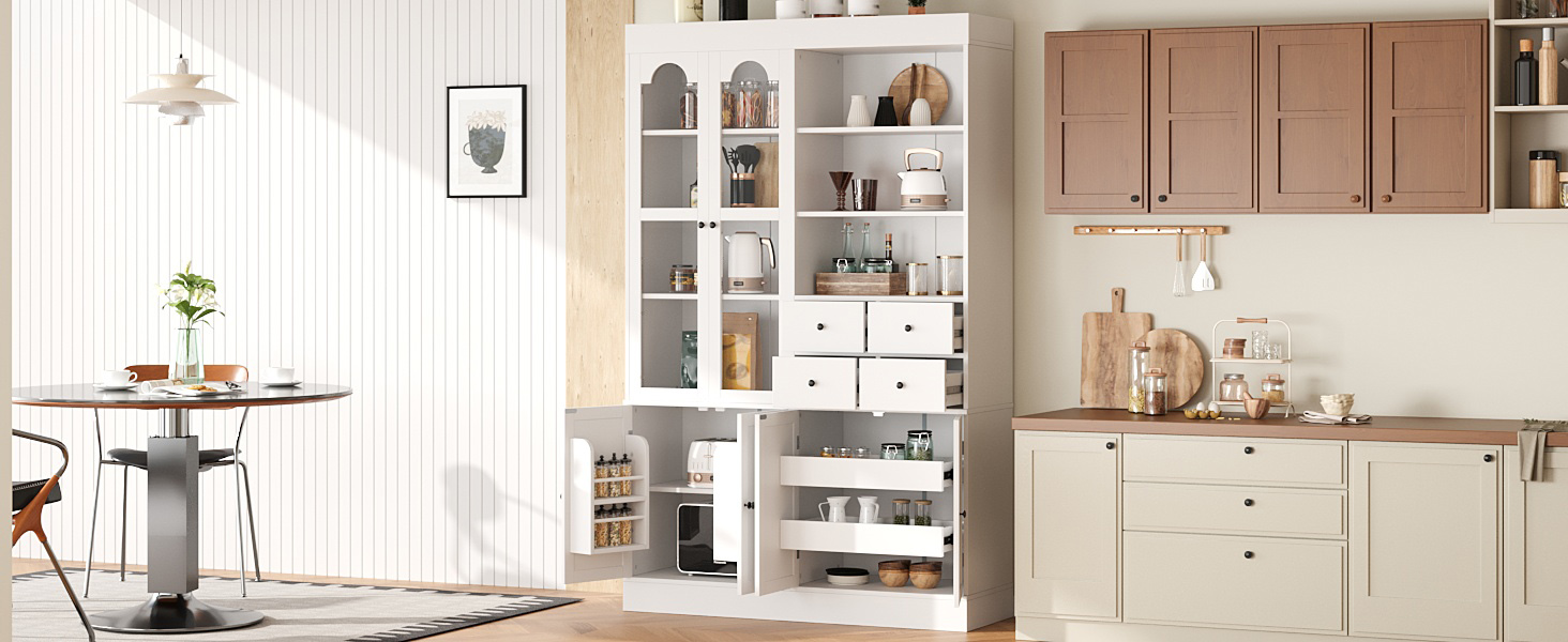 [Assembly Video Provided] TOPMAX 47.2x15.7x75inch Freestanding Buffet with Hutch, Tall Kitchen Pantry Cabinet with 4 Drawers, Door Shelves and Pull-out Trays for Dining room, Living Room, White - Image 5