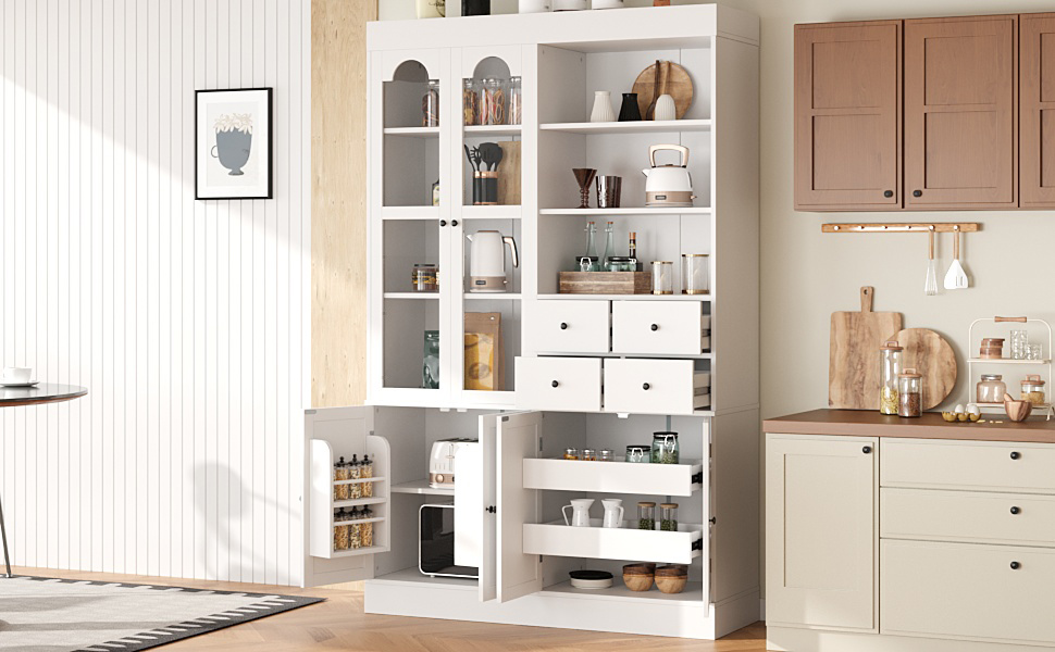 [Assembly Video Provided] TOPMAX 47.2x15.7x75inch Freestanding Buffet with Hutch, Tall Kitchen Pantry Cabinet with 4 Drawers, Door Shelves and Pull-out Trays for Dining room, Living Room, White - Image 4