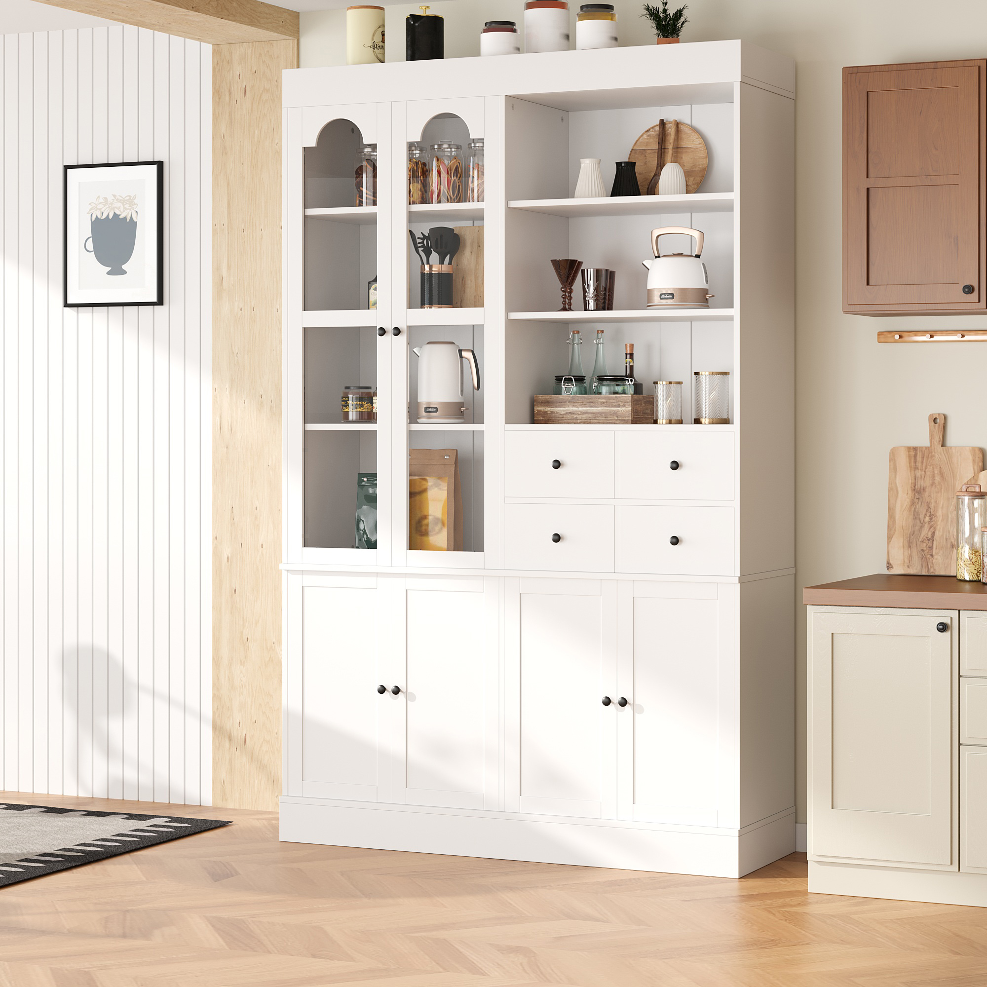 [Assembly Video Provided] TOPMAX 47.2x15.7x75inch Freestanding Buffet with Hutch, Tall Kitchen Pantry Cabinet with 4 Drawers, Door Shelves and Pull-out Trays for Dining room, Living Room, White - Image 6