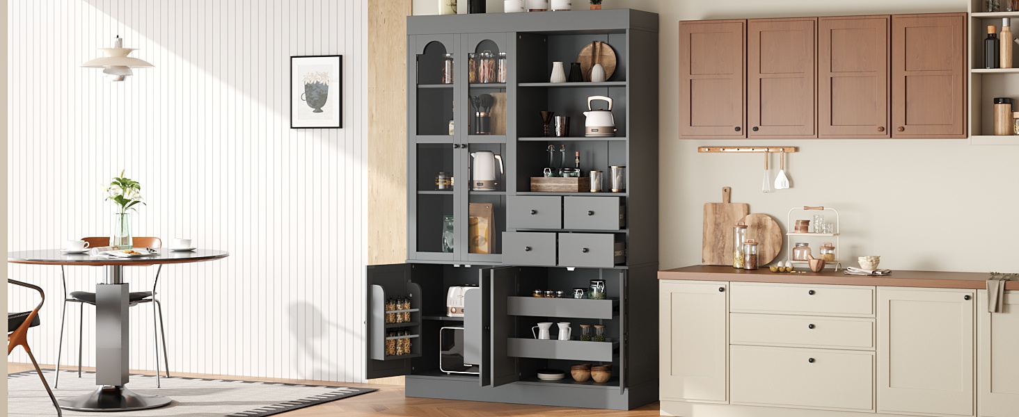 [Assembly Video Provided] TOPMAX 47.2x15.7x75inch Freestanding Buffet with Hutch, Tall Kitchen Pantry Cabinet with 4 Drawers, Door Shelves and Pull-out Trays for Dining room, Living Room, Gray - Image 2
