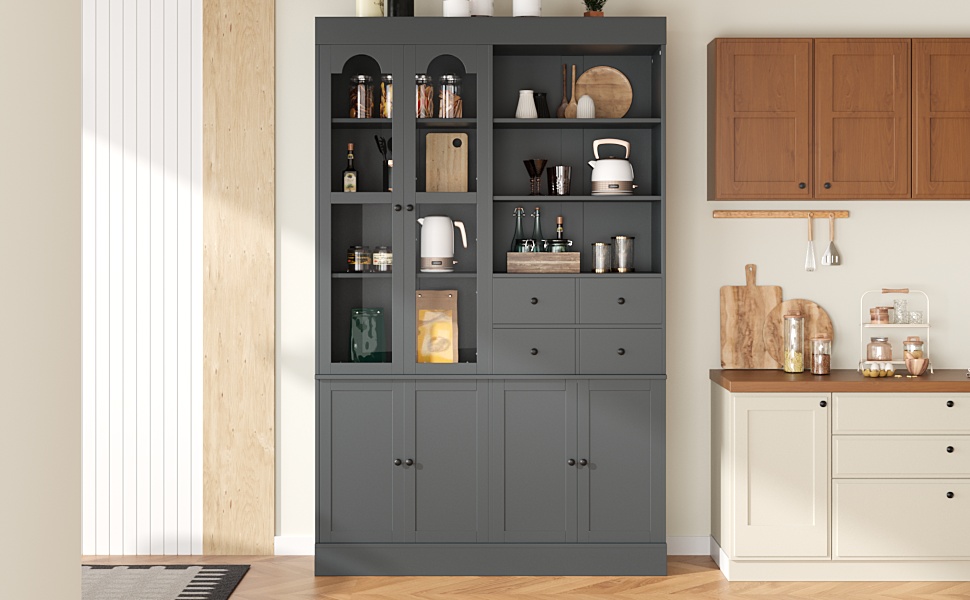 [Assembly Video Provided] TOPMAX 47.2x15.7x75inch Freestanding Buffet with Hutch, Tall Kitchen Pantry Cabinet with 4 Drawers, Door Shelves and Pull-out Trays for Dining room, Living Room, Gray - Image 3