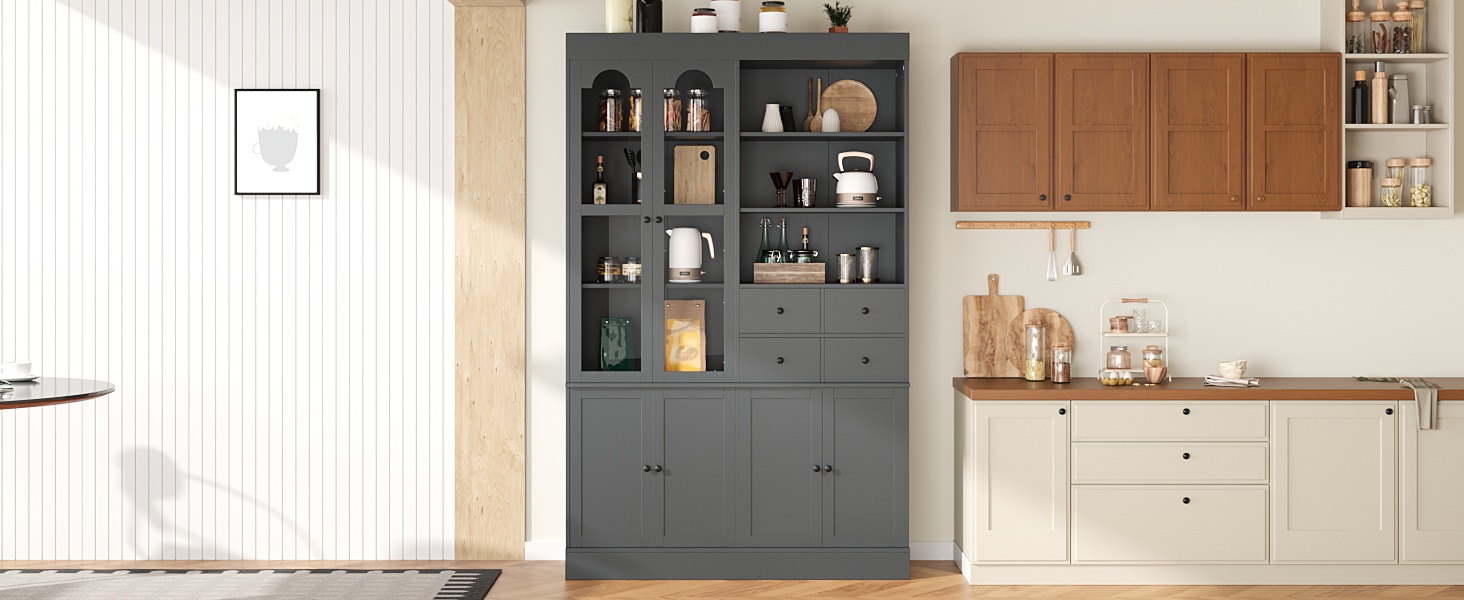 [Assembly Video Provided] TOPMAX 47.2x15.7x75inch Freestanding Buffet with Hutch, Tall Kitchen Pantry Cabinet with 4 Drawers, Door Shelves and Pull-out Trays for Dining room, Living Room, Gray - Image 4