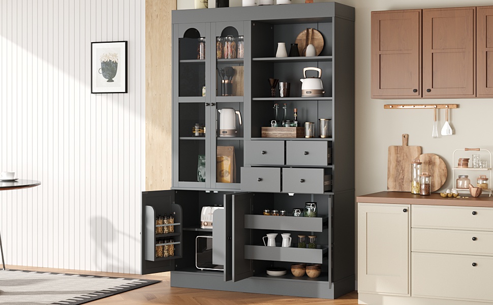 [Assembly Video Provided] TOPMAX 47.2x15.7x75inch Freestanding Buffet with Hutch, Tall Kitchen Pantry Cabinet with 4 Drawers, Door Shelves and Pull-out Trays for Dining room, Living Room, Gray - Image 5