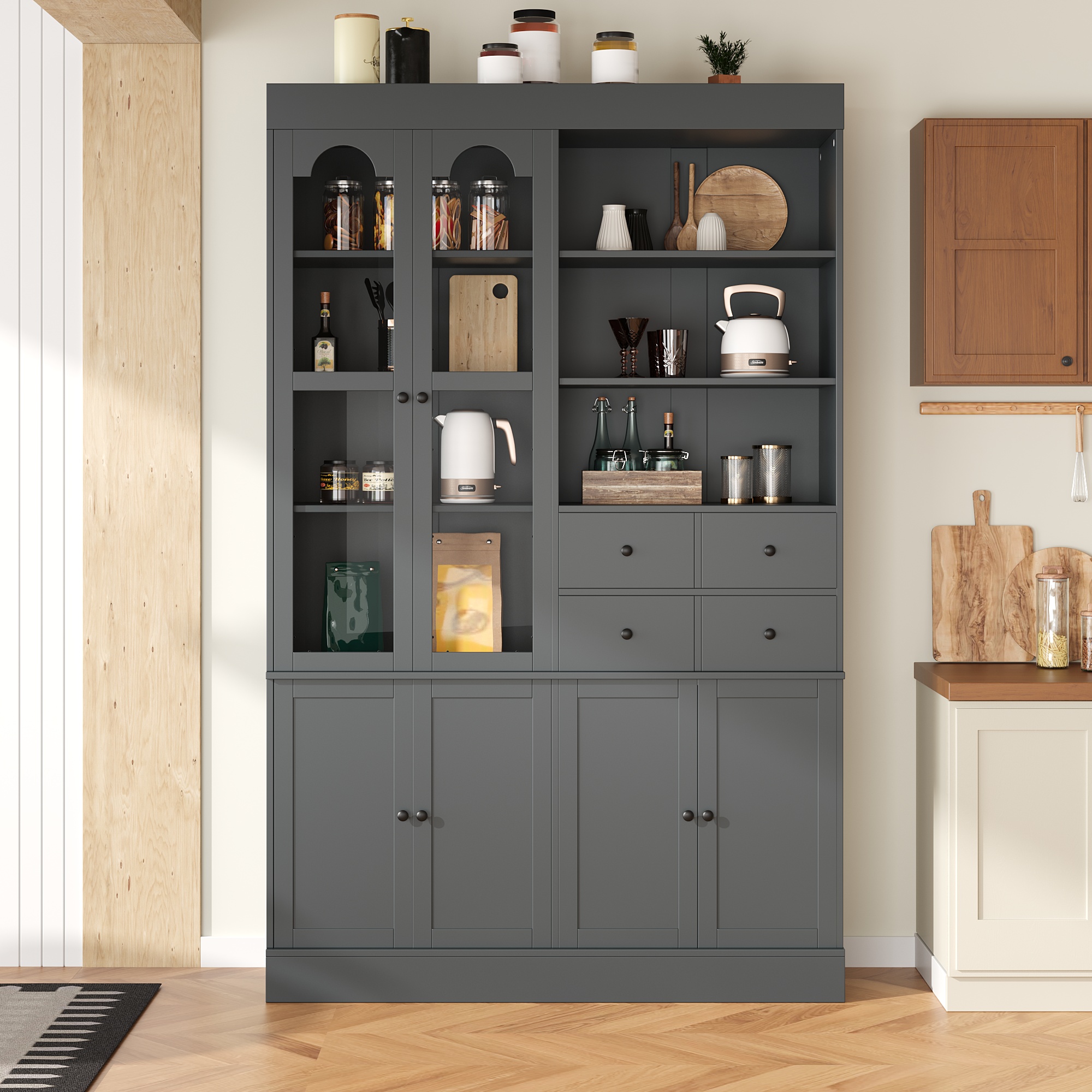 [Assembly Video Provided] TOPMAX 47.2x15.7x75inch Freestanding Buffet with Hutch, Tall Kitchen Pantry Cabinet with 4 Drawers, Door Shelves and Pull-out Trays for Dining room, Living Room, Gray - Image 6