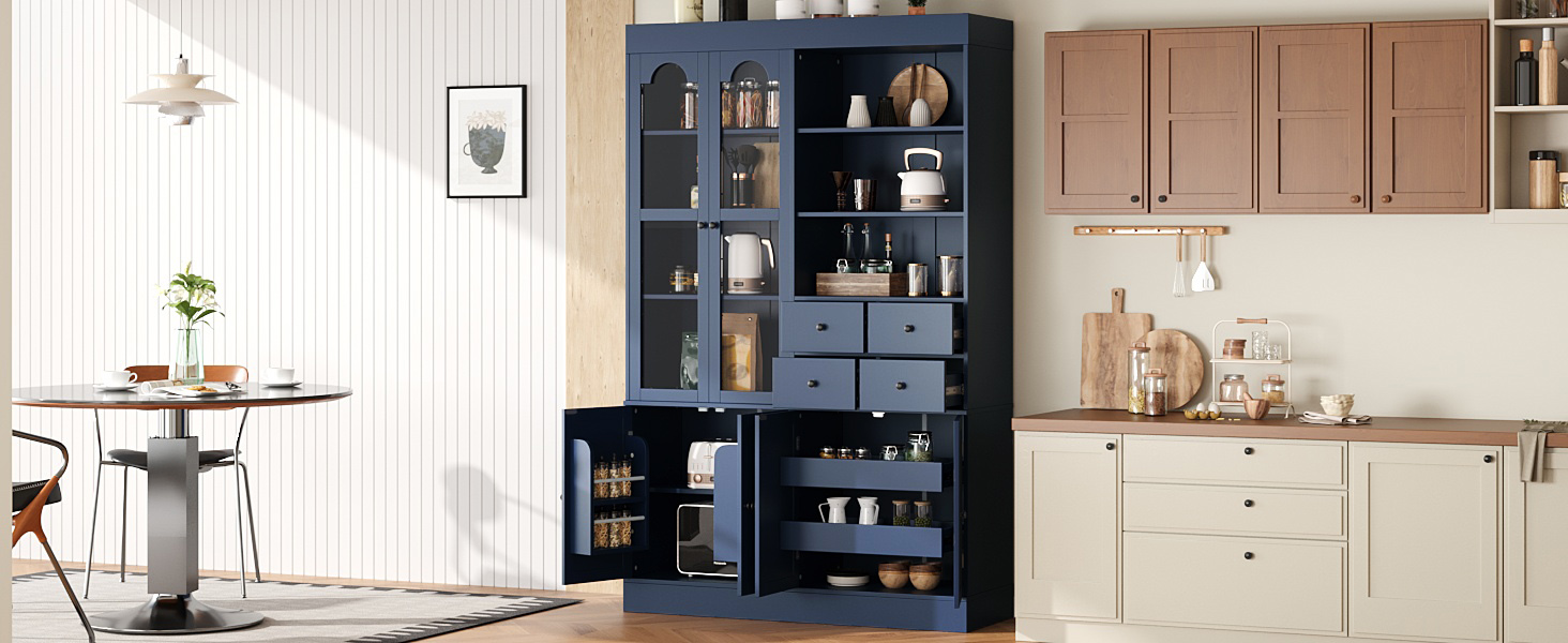 [Assembly Video Provided] TOPMAX 47.2x15.7x75inch Freestanding Buffet with Hutch, Tall Kitchen Pantry Cabinet with 4 Drawers, Door Shelves and Pull-out Trays for Dining room, Living Room, Blue - Image 2