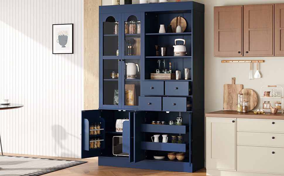 [Assembly Video Provided] TOPMAX 47.2x15.7x75inch Freestanding Buffet with Hutch, Tall Kitchen Pantry Cabinet with 4 Drawers, Door Shelves and Pull-out Trays for Dining room, Living Room, Blue - Image 3