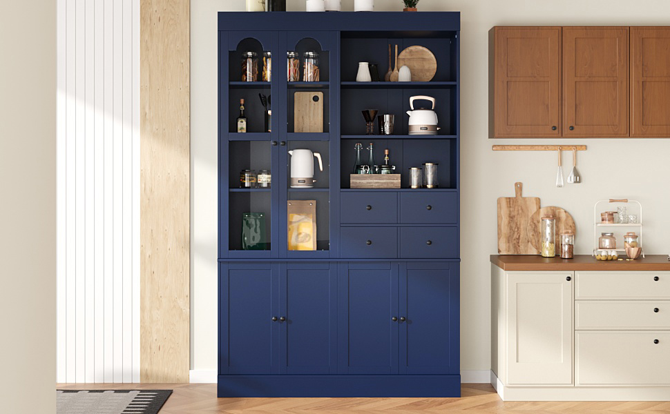 [Assembly Video Provided] TOPMAX 47.2x15.7x75inch Freestanding Buffet with Hutch, Tall Kitchen Pantry Cabinet with 4 Drawers, Door Shelves and Pull-out Trays for Dining room, Living Room, Blue - Image 5