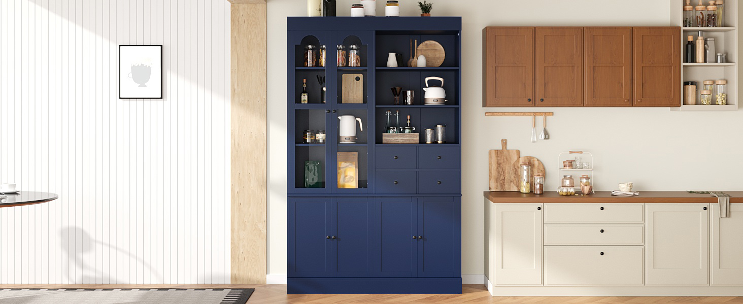 [Assembly Video Provided] TOPMAX 47.2x15.7x75inch Freestanding Buffet with Hutch, Tall Kitchen Pantry Cabinet with 4 Drawers, Door Shelves and Pull-out Trays for Dining room, Living Room, Blue - Image 4