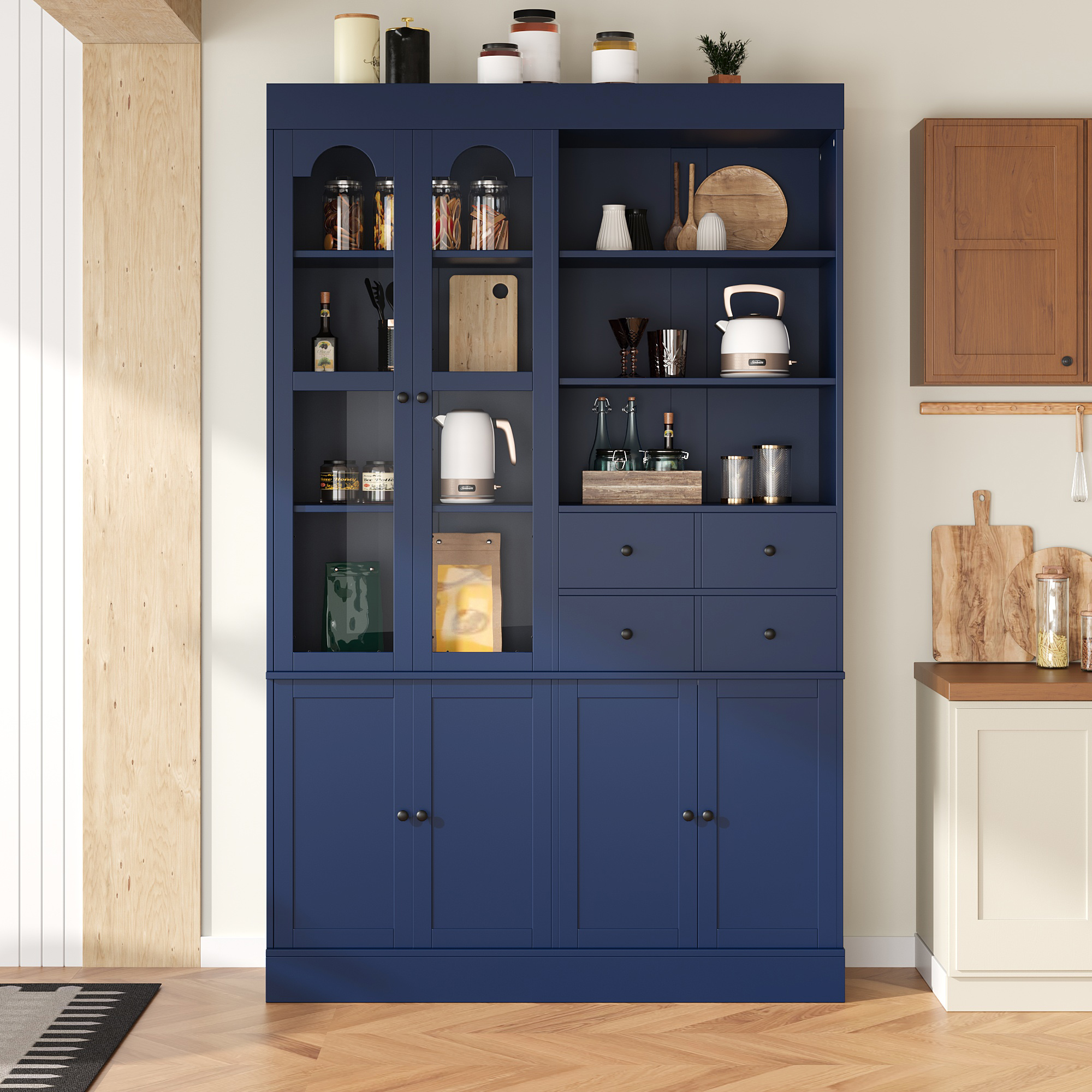 [Assembly Video Provided] TOPMAX 47.2x15.7x75inch Freestanding Buffet with Hutch, Tall Kitchen Pantry Cabinet with 4 Drawers, Door Shelves and Pull-out Trays for Dining room, Living Room, Blue - Image 6