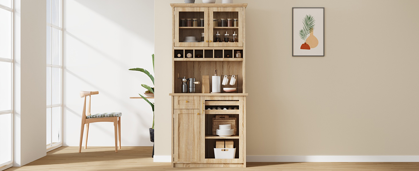 [Assembly Video Provided] TOPMAX Farmhouse 35.4x17.7x74.8inch Freestanding Buffet with Hutch, Tall Kitchen Pantry Storage Cabinet with Wine Rack and Adjustable Shelves for Dining Room, Natural - Image 2