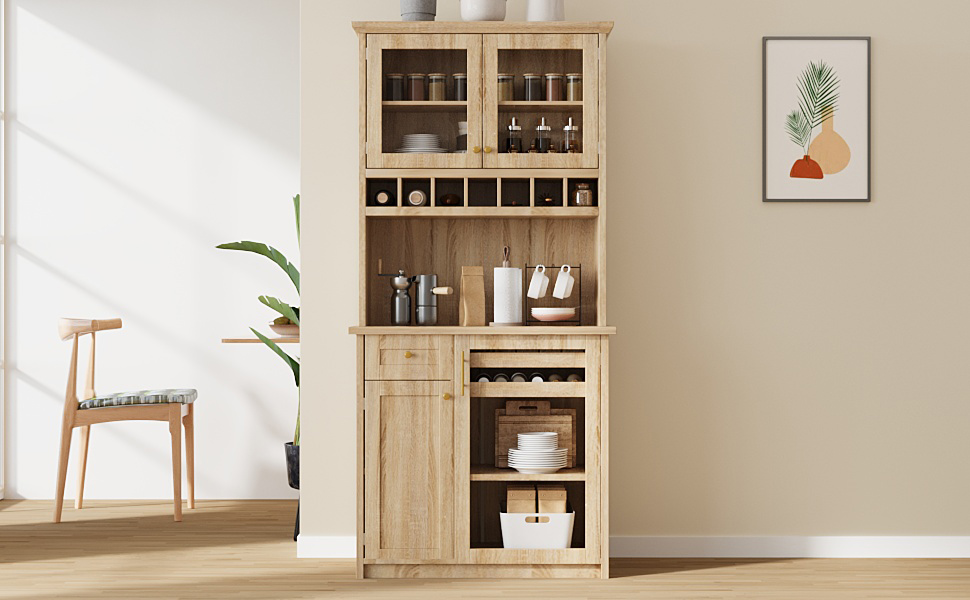 [Assembly Video Provided] TOPMAX Farmhouse 35.4x17.7x74.8inch Freestanding Buffet with Hutch, Tall Kitchen Pantry Storage Cabinet with Wine Rack and Adjustable Shelves for Dining Room, Natural - Image 3