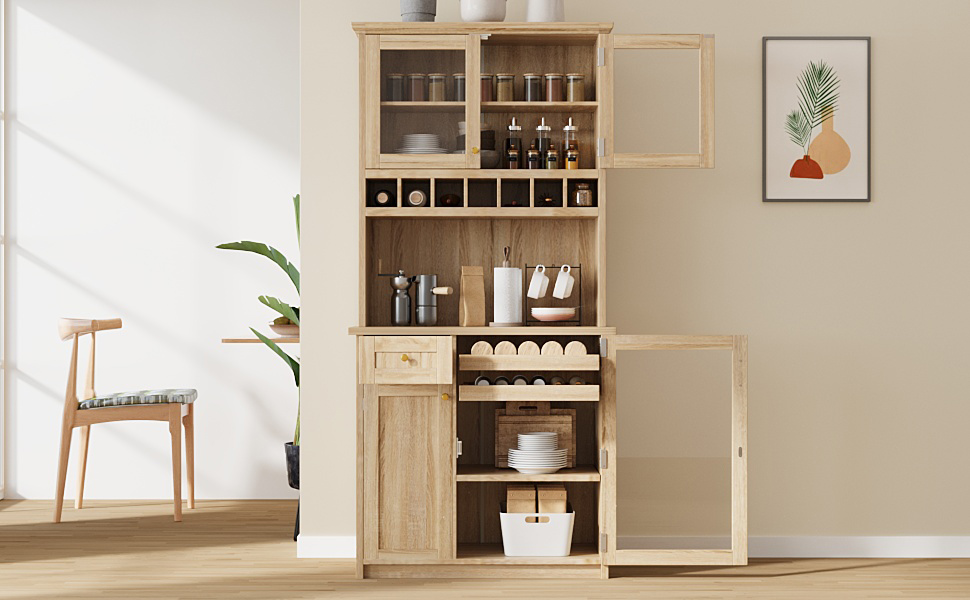 [Assembly Video Provided] TOPMAX Farmhouse 35.4x17.7x74.8inch Freestanding Buffet with Hutch, Tall Kitchen Pantry Storage Cabinet with Wine Rack and Adjustable Shelves for Dining Room, Natural - Image 4