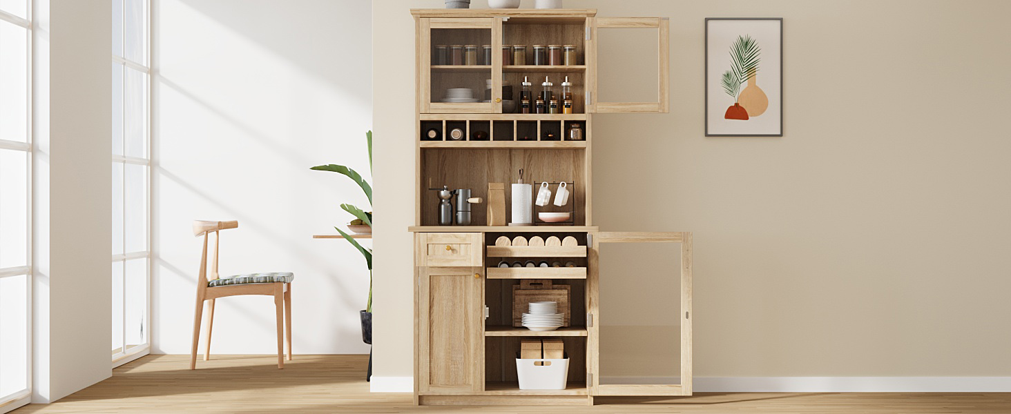 [Assembly Video Provided] TOPMAX Farmhouse 35.4x17.7x74.8inch Freestanding Buffet with Hutch, Tall Kitchen Pantry Storage Cabinet with Wine Rack and Adjustable Shelves for Dining Room, Natural - Image 5