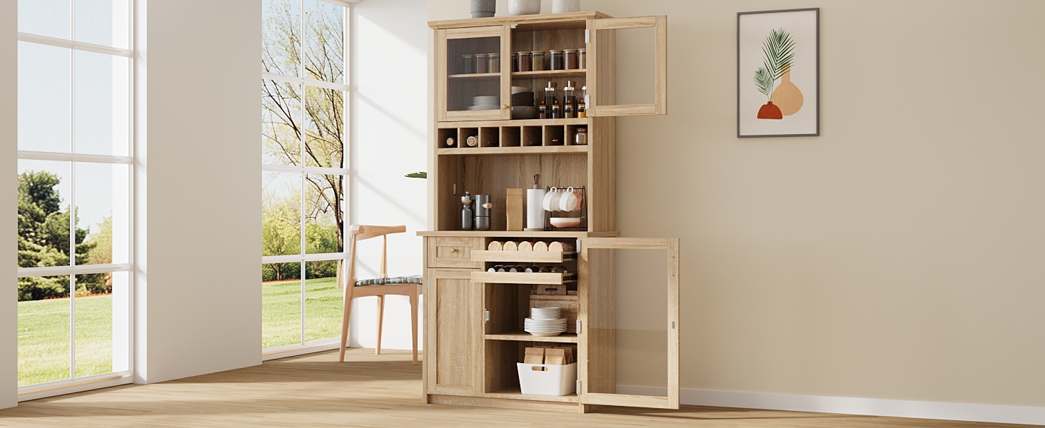 [Assembly Video Provided] TOPMAX Farmhouse 35.4x17.7x74.8inch Freestanding Buffet with Hutch, Tall Kitchen Pantry Storage Cabinet with Wine Rack and Adjustable Shelves for Dining Room, Natural - Image 6