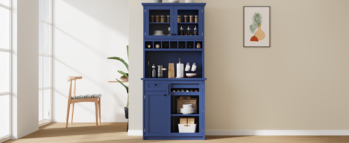 [Assembly Video Provided] TOPMAX Farmhouse 35.4x17.7x74.8inch Freestanding Buffet with Hutch, Tall Kitchen Pantry Storage Cabinet with Wine Rack and Adjustable Shelves for Dining Room, Blue - Image 2