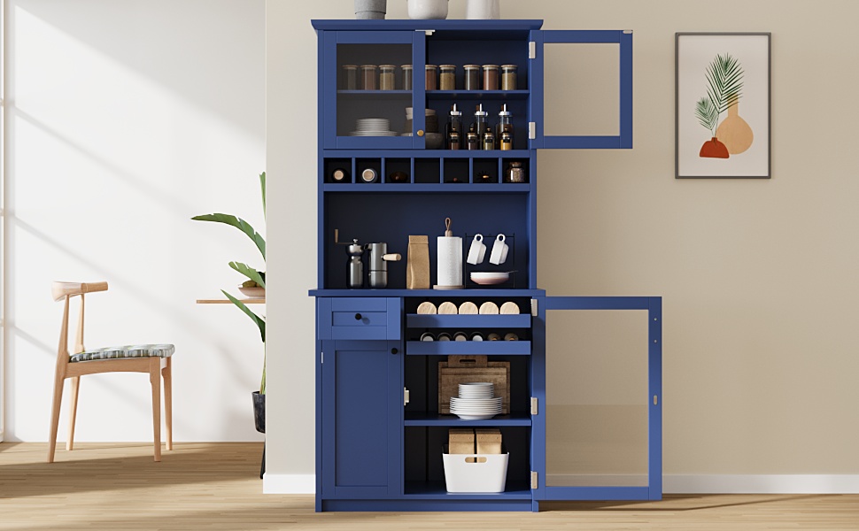 [Assembly Video Provided] TOPMAX Farmhouse 35.4x17.7x74.8inch Freestanding Buffet with Hutch, Tall Kitchen Pantry Storage Cabinet with Wine Rack and Adjustable Shelves for Dining Room, Blue - Image 3