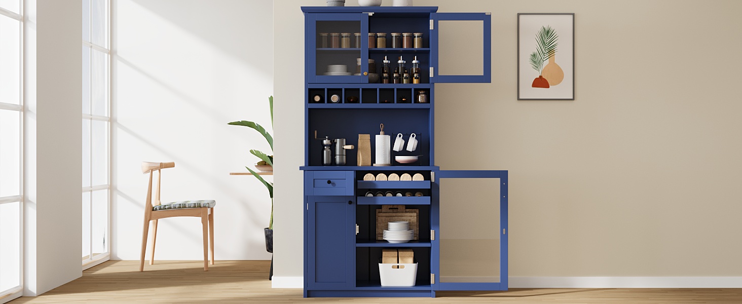 [Assembly Video Provided] TOPMAX Farmhouse 35.4x17.7x74.8inch Freestanding Buffet with Hutch, Tall Kitchen Pantry Storage Cabinet with Wine Rack and Adjustable Shelves for Dining Room, Blue - Image 4