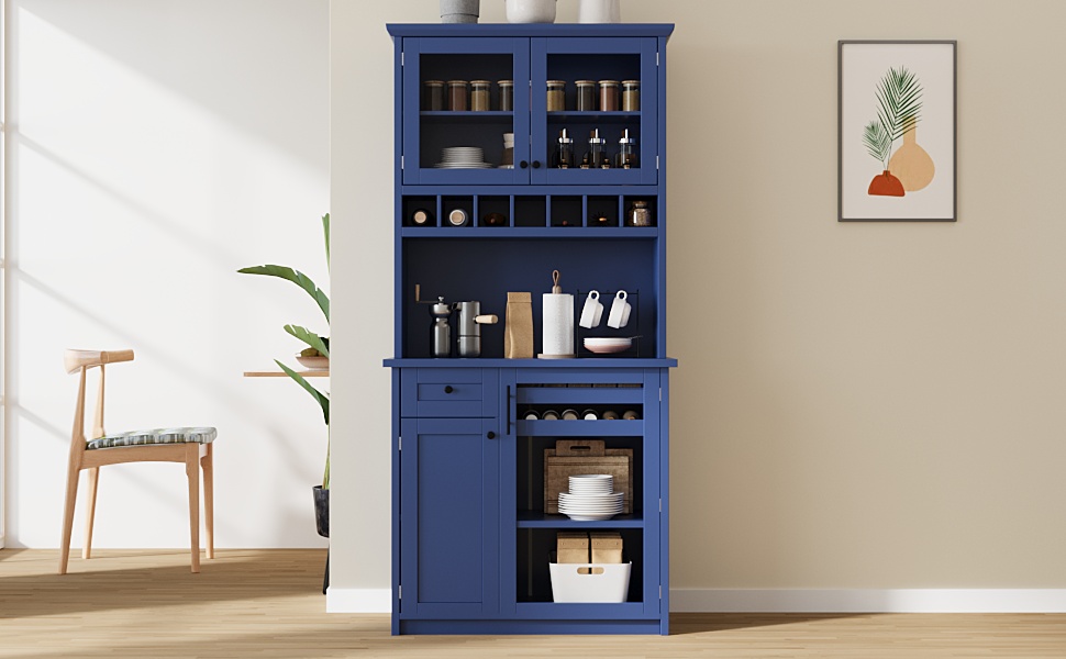 [Assembly Video Provided] TOPMAX Farmhouse 35.4x17.7x74.8inch Freestanding Buffet with Hutch, Tall Kitchen Pantry Storage Cabinet with Wine Rack and Adjustable Shelves for Dining Room, Blue - Image 5