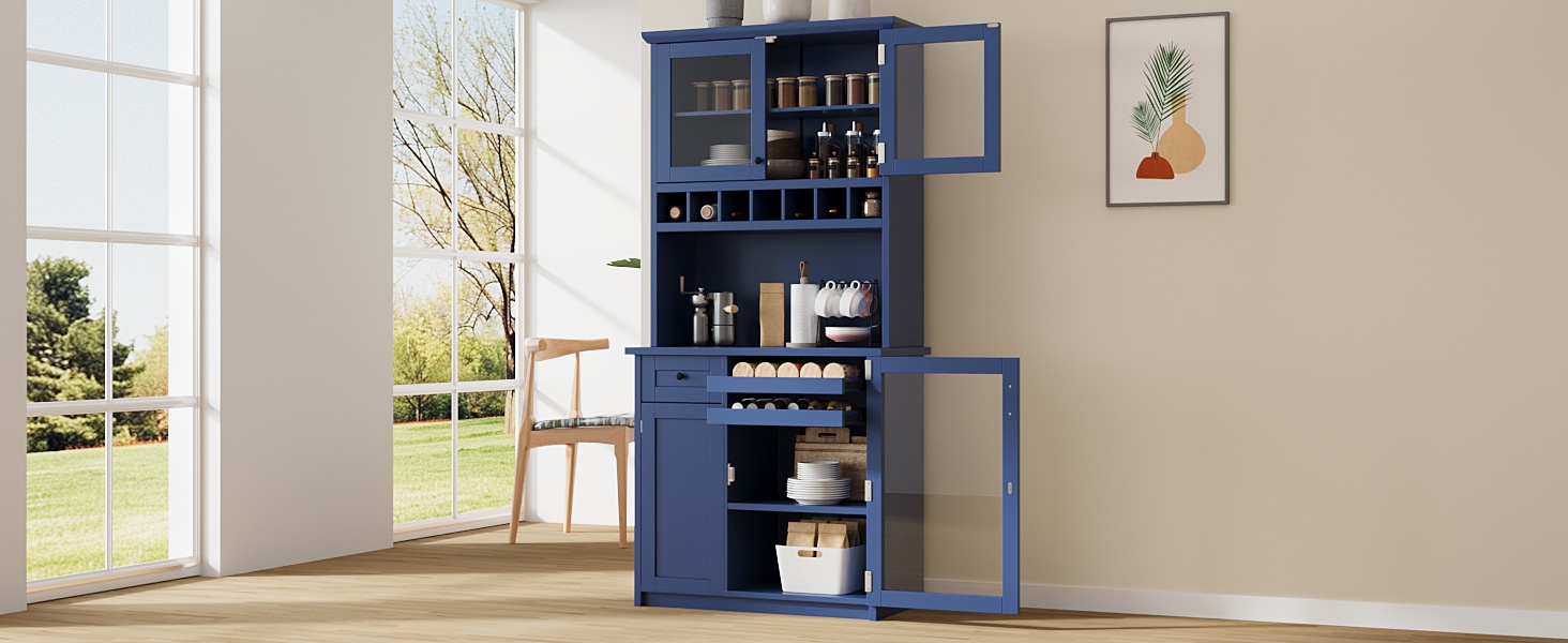 [Assembly Video Provided] TOPMAX Farmhouse 35.4x17.7x74.8inch Freestanding Buffet with Hutch, Tall Kitchen Pantry Storage Cabinet with Wine Rack and Adjustable Shelves for Dining Room, Blue - Image 6
