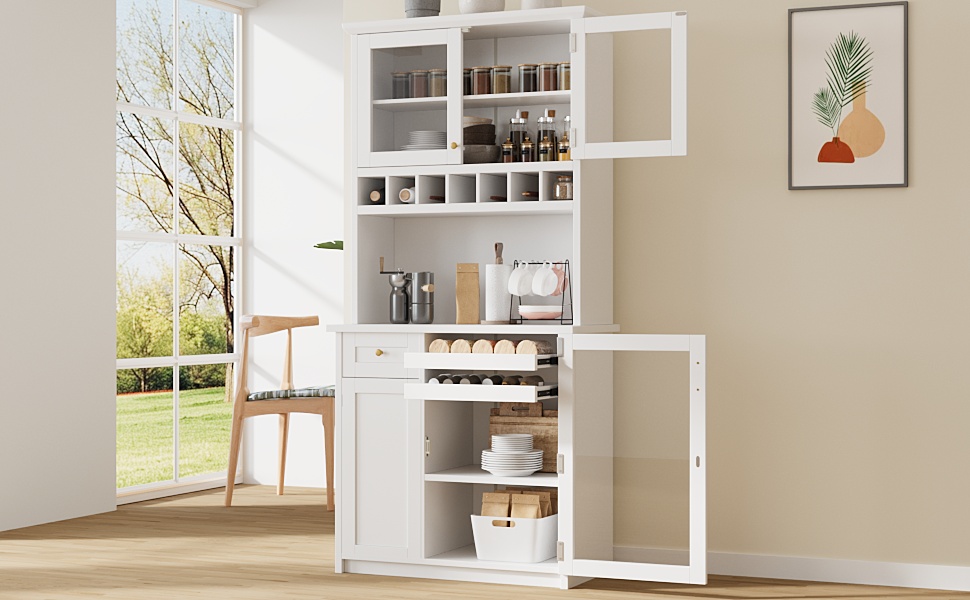 [Assembly Video Provided] TOPMAX Farmhouse 35.4x17.7x74.8inch Freestanding Buffet with Hutch, Tall Kitchen Pantry Storage Cabinet with Wine Rack and Adjustable Shelves for Dining Room, White - Image 2