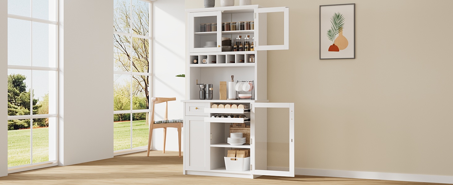 [Assembly Video Provided] TOPMAX Farmhouse 35.4x17.7x74.8inch Freestanding Buffet with Hutch, Tall Kitchen Pantry Storage Cabinet with Wine Rack and Adjustable Shelves for Dining Room, White - Image 3