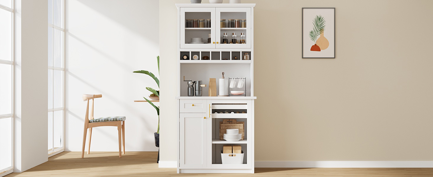 [Assembly Video Provided] TOPMAX Farmhouse 35.4x17.7x74.8inch Freestanding Buffet with Hutch, Tall Kitchen Pantry Storage Cabinet with Wine Rack and Adjustable Shelves for Dining Room, White - Image 4