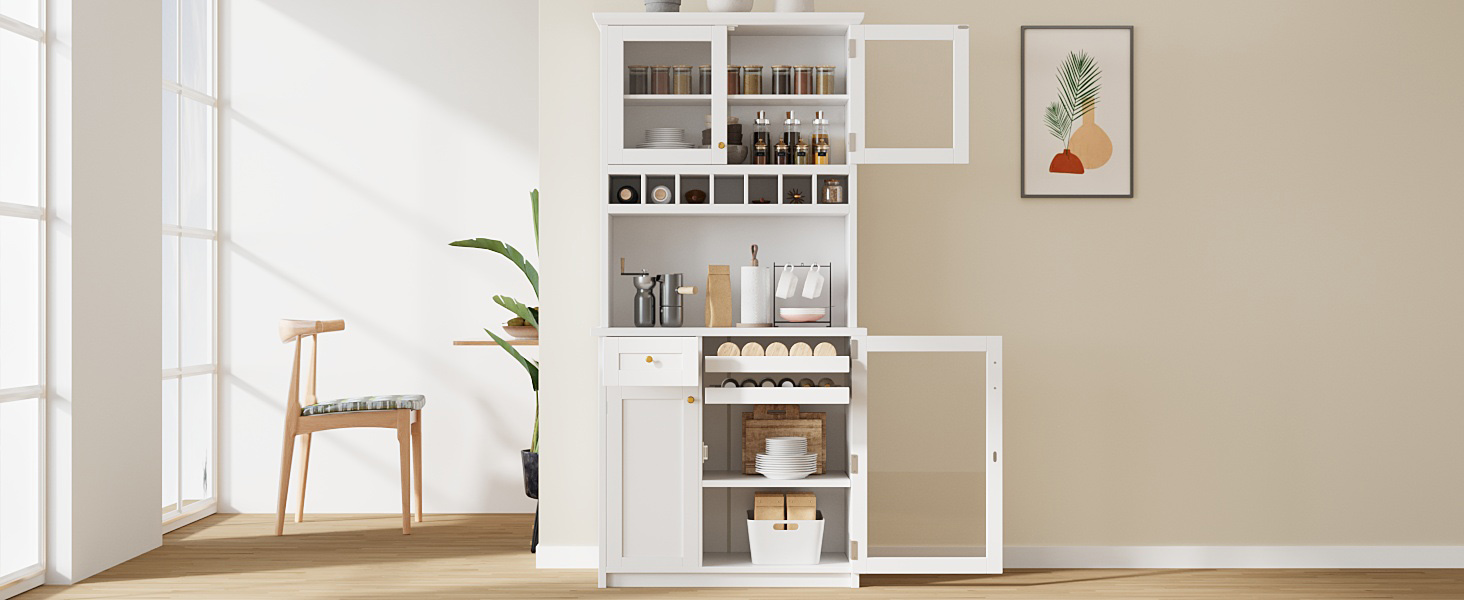 [Assembly Video Provided] TOPMAX Farmhouse 35.4x17.7x74.8inch Freestanding Buffet with Hutch, Tall Kitchen Pantry Storage Cabinet with Wine Rack and Adjustable Shelves for Dining Room, White - Image 5