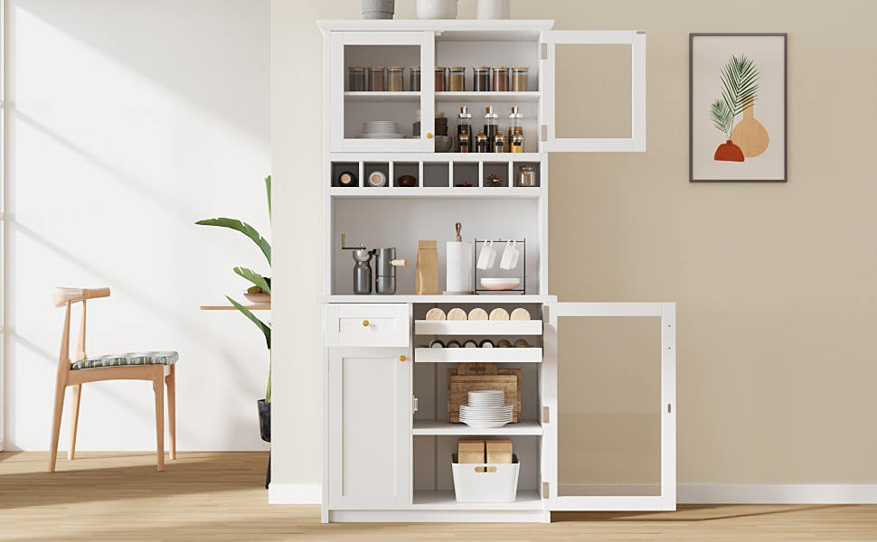 [Assembly Video Provided] TOPMAX Farmhouse 35.4x17.7x74.8inch Freestanding Buffet with Hutch, Tall Kitchen Pantry Storage Cabinet with Wine Rack and Adjustable Shelves for Dining Room, White - Image 6