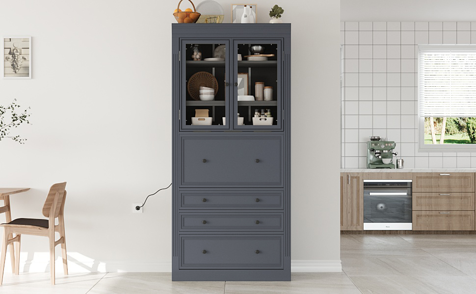 [Assembly Video Provided] TOPMAX 36x16.5x78inch Freestanding Kitchen Pantry Storage Cabinet,Multifunctional Cupboard with 3 Drawers,Adjustable Shelves and Power Outlet for Dining and Living Room,Grey - Image 2