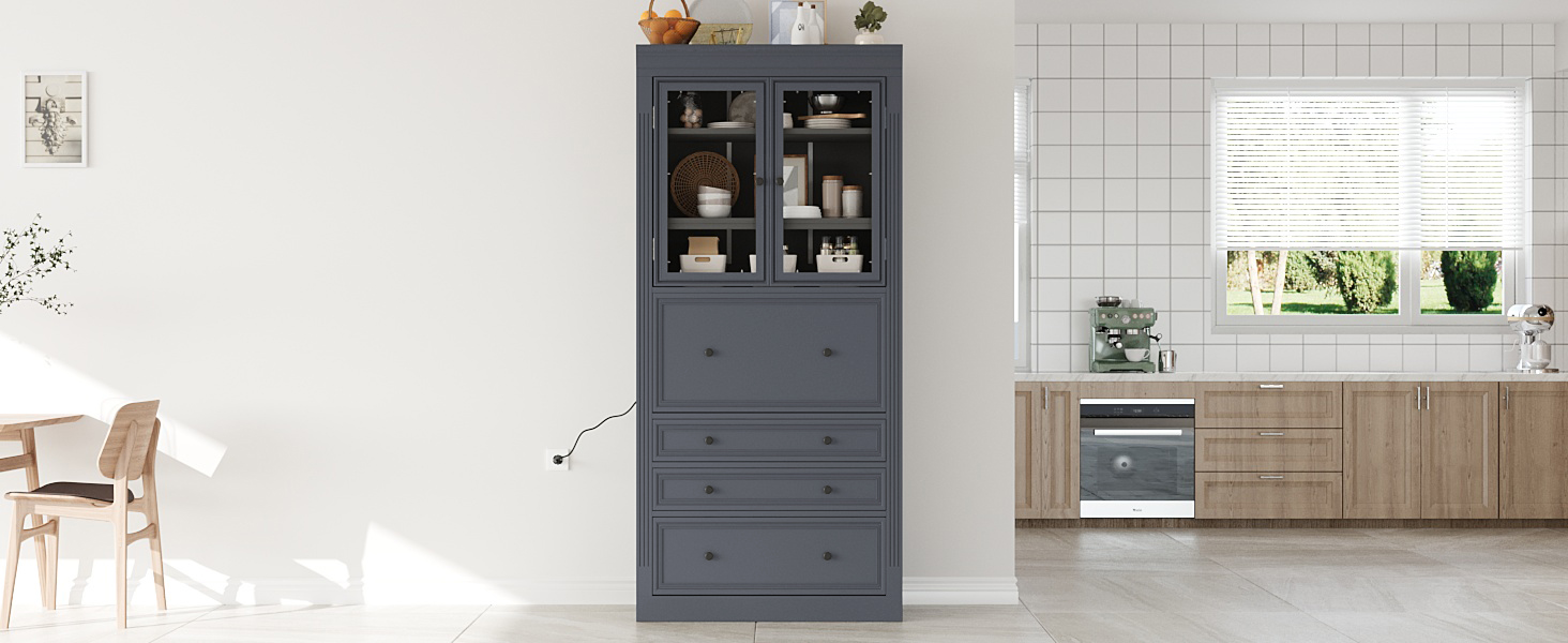 [Assembly Video Provided] TOPMAX 36x16.5x78inch Freestanding Kitchen Pantry Storage Cabinet,Multifunctional Cupboard with 3 Drawers,Adjustable Shelves and Power Outlet for Dining and Living Room,Grey - Image 3