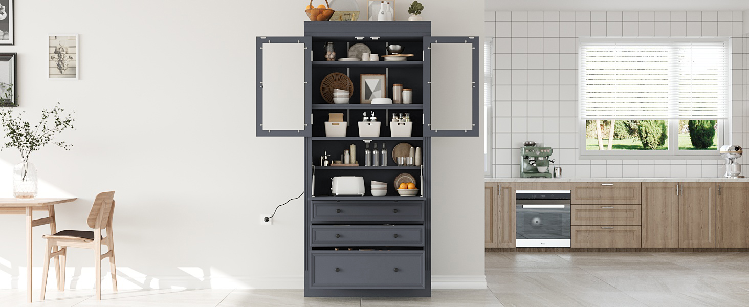 [Assembly Video Provided] TOPMAX 36x16.5x78inch Freestanding Kitchen Pantry Storage Cabinet,Multifunctional Cupboard with 3 Drawers,Adjustable Shelves and Power Outlet for Dining and Living Room,Grey - Image 4
