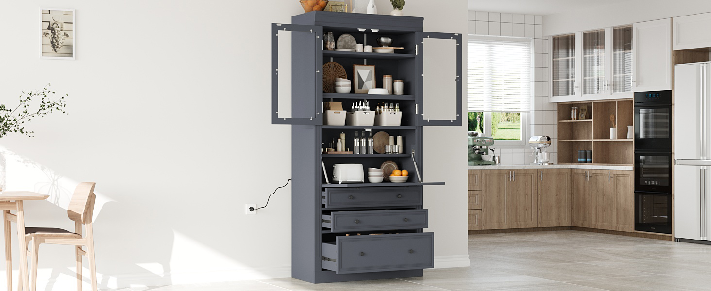 [Assembly Video Provided] TOPMAX 36x16.5x78inch Freestanding Kitchen Pantry Storage Cabinet,Multifunctional Cupboard with 3 Drawers,Adjustable Shelves and Power Outlet for Dining and Living Room,Grey - Image 5