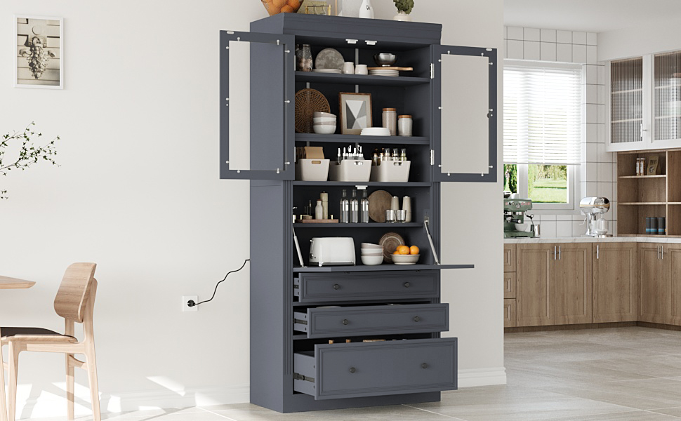 [Assembly Video Provided] TOPMAX 36x16.5x78inch Freestanding Kitchen Pantry Storage Cabinet,Multifunctional Cupboard with 3 Drawers,Adjustable Shelves and Power Outlet for Dining and Living Room,Grey - Image 6
